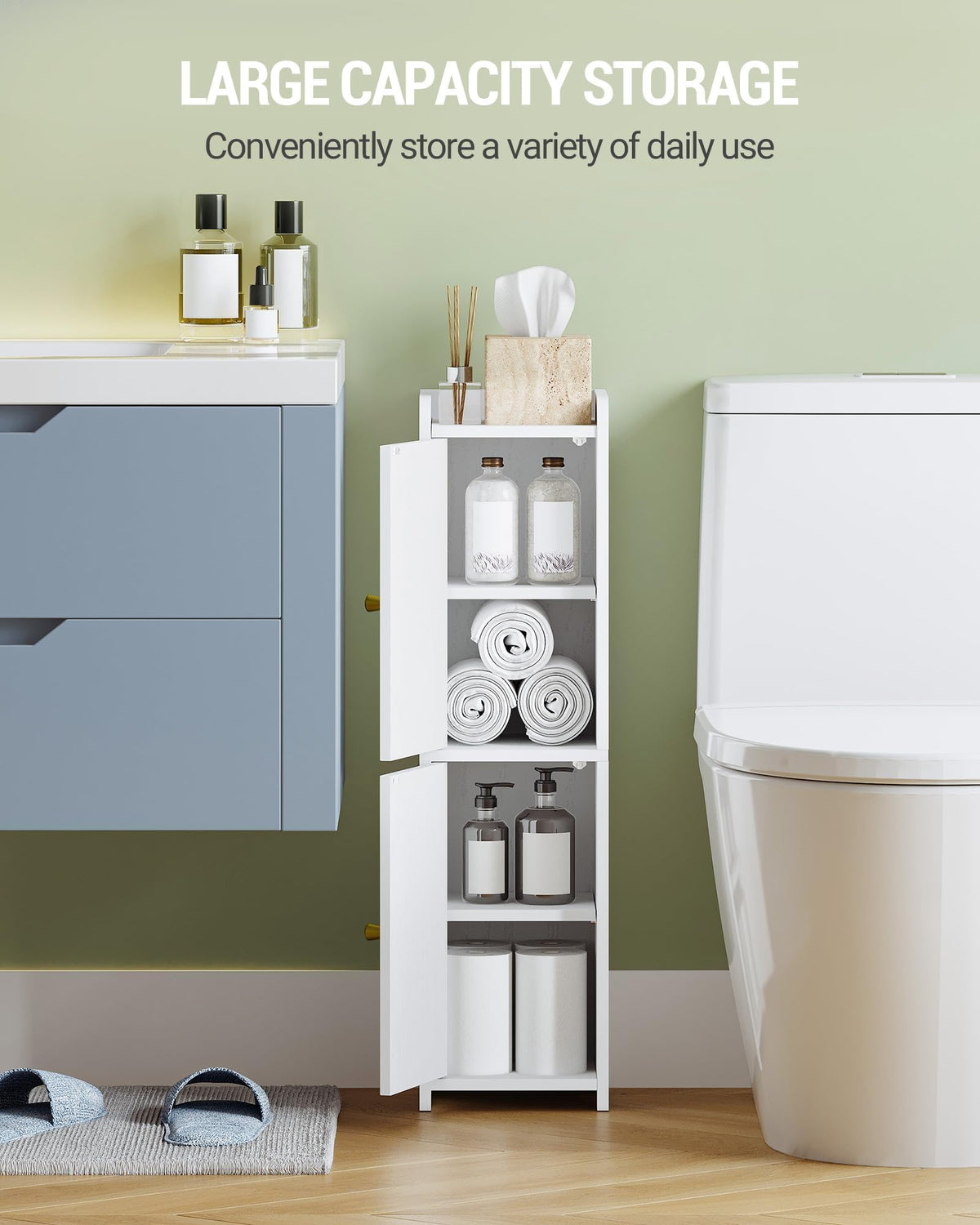 Hzuaneri Bathroom Storage Cabinet, Corner Floor Cabinet with 2 Doors and Adjustable Shelf, Narrow Toilet Paper Cabinets, Bathroom Organizer for Small Spaces, White BC49913X