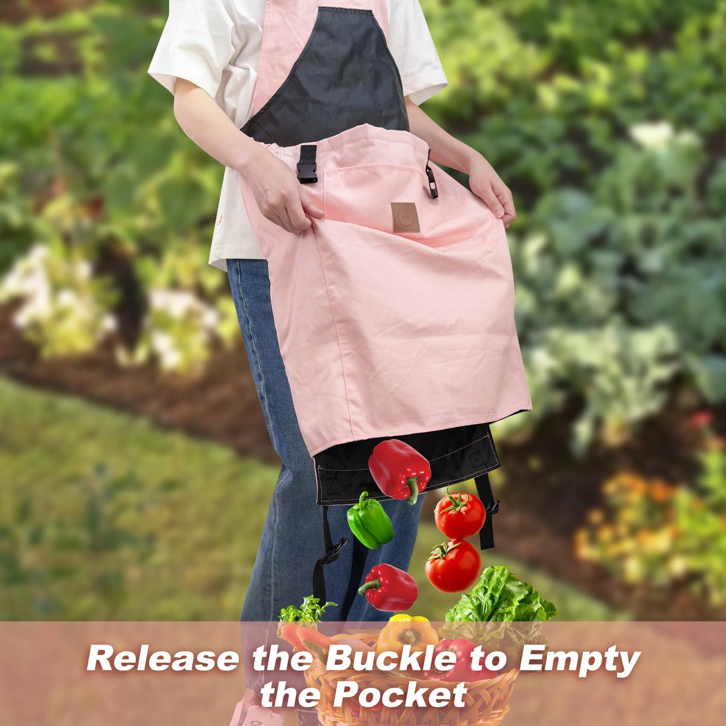 Berry&Bird Harvest Apron, Canvas Gardening Apron with Pockets and Harvesting Pouch Waterproof Harvesting Apron（Pink)