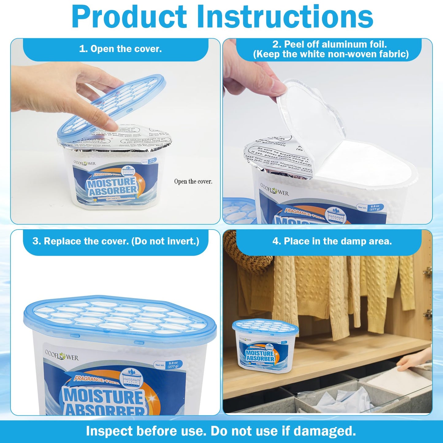 OOOFLOWER Moisture Absorber 12-Pack,Unscented Dehumidifier, Traps Excess Moisture & Humidity for Closets, Bathrooms, RVs, Basements,9.8 oz (277g) Each