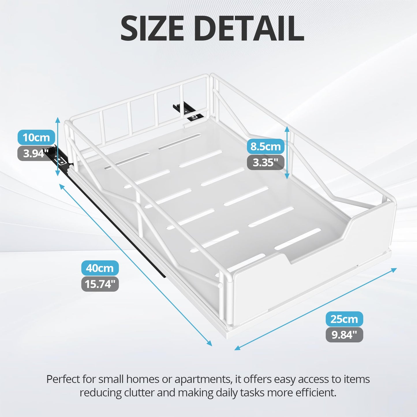 Pull Out Cabinet Organizer, Pantry Slide Out Drawer Organizer with Adhesive Strips, Heavy Duty Under Sink Organizer, Storage and Organization for Kitchen, Bathroom, 15.7" D x 9.8" W x 4" H