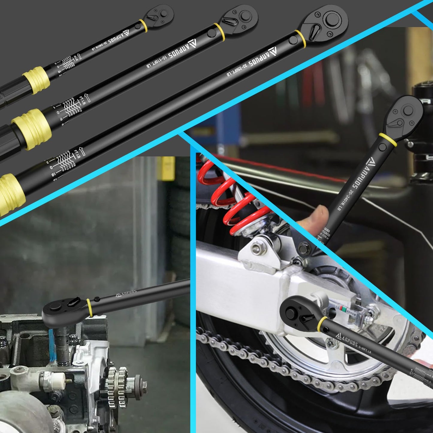 ANPUDS 1/4 3/8 1/2-inch Drive Torque Wrench, 5 Pcs Click Torque Wrench Set, 20-240in.lb, 10-110＋30-250Ft.lb with 2 Adapters, Dual-Direction, 72-Tooth, Dual Range Scales for Bike, Motorcycle, Car