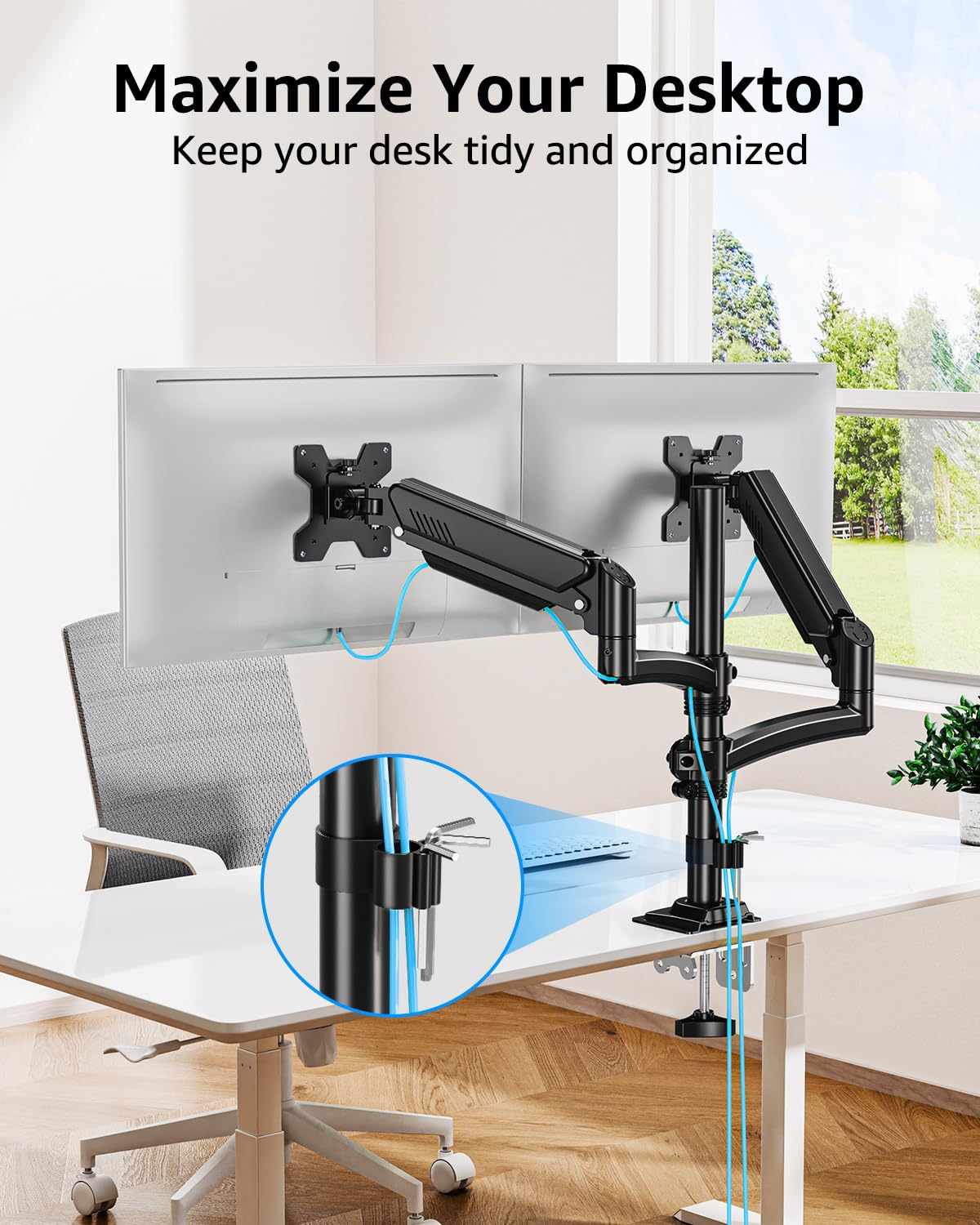 MOUNTUP Dual Monitor Stand Holds up to 22 lbs Each Arm, Dual Monitor Arm for 2 Monitors, Height Adjustable Computer Desk Mount for Max 32 inch Screens, VESA Mount with C-clamp & Grommet Base