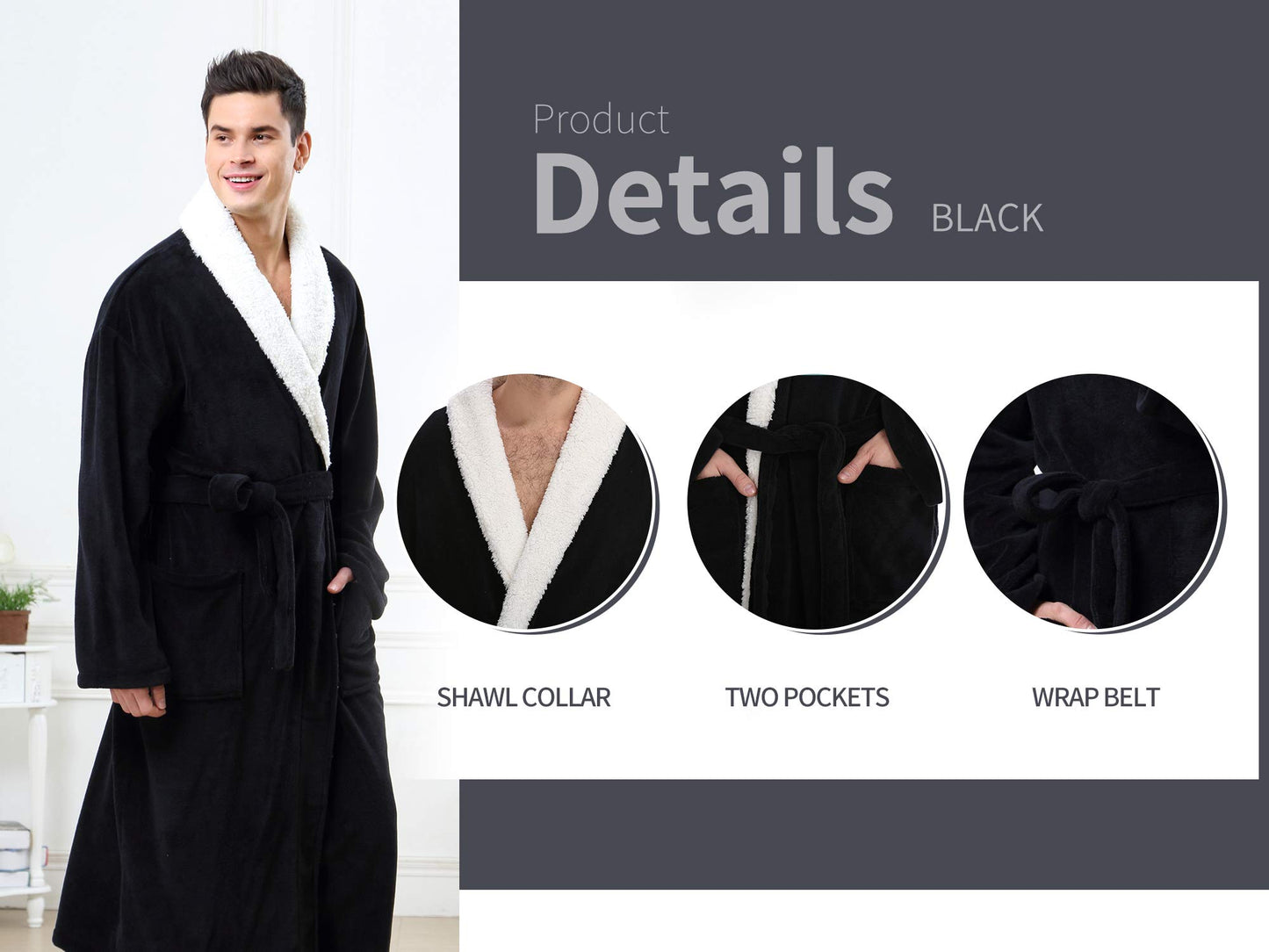 OUFANG Men's Soft and Warm Bathrobe, Black Spa Robe with Sherpa Kimono Shawl Collar Unisex (X-Large)