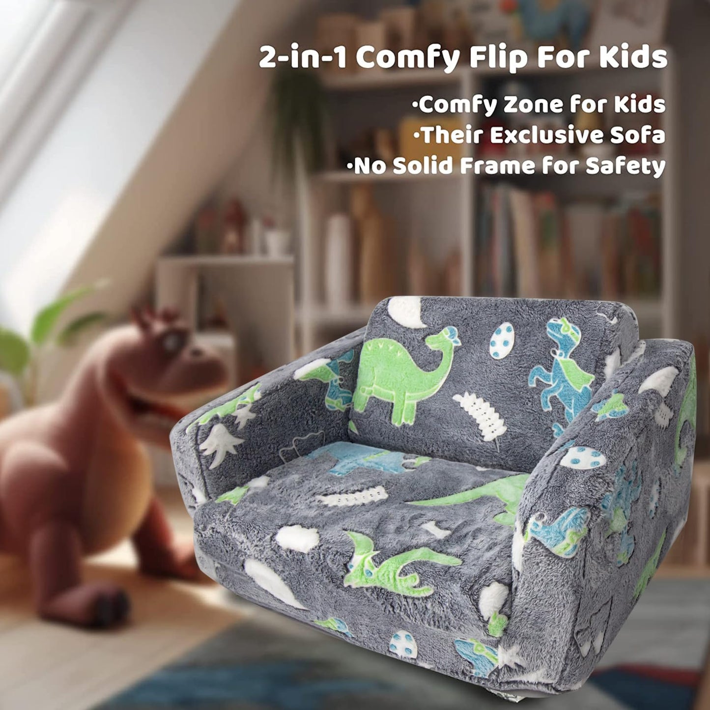 Kids Sofa Toddlers Sofa Glow in The Dark Kids Fold Out Play Couch Mini Dinosaur Couch for Kids Toddlers