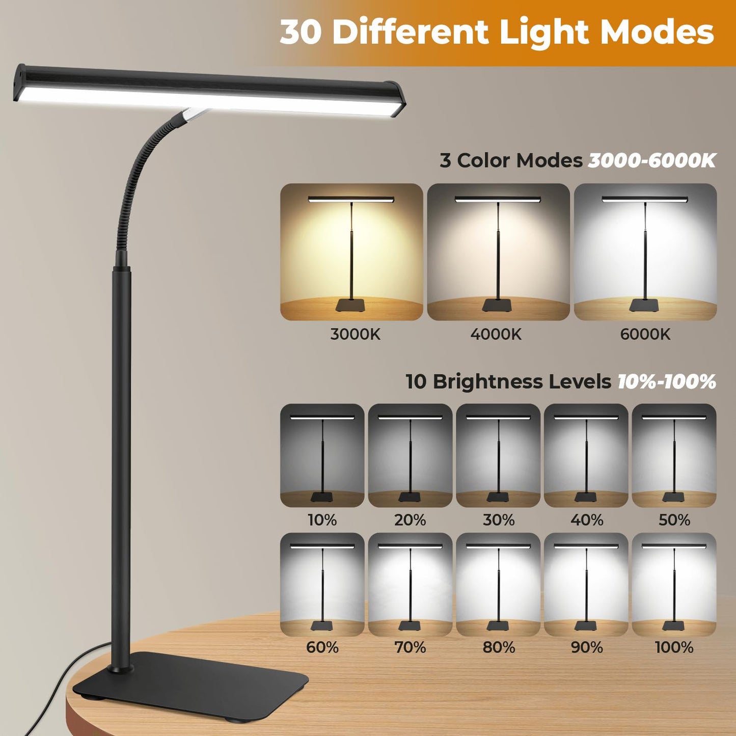 Desk Lamp for Home Office, Eye-Caring Architect LED Table Lamp, 3 Color Modes & 10 Brightness Level Desk Lamp, Adjustable Flexible Gooseneck, 21.5inch Tall Desk Light for Work Study Reading (Black)