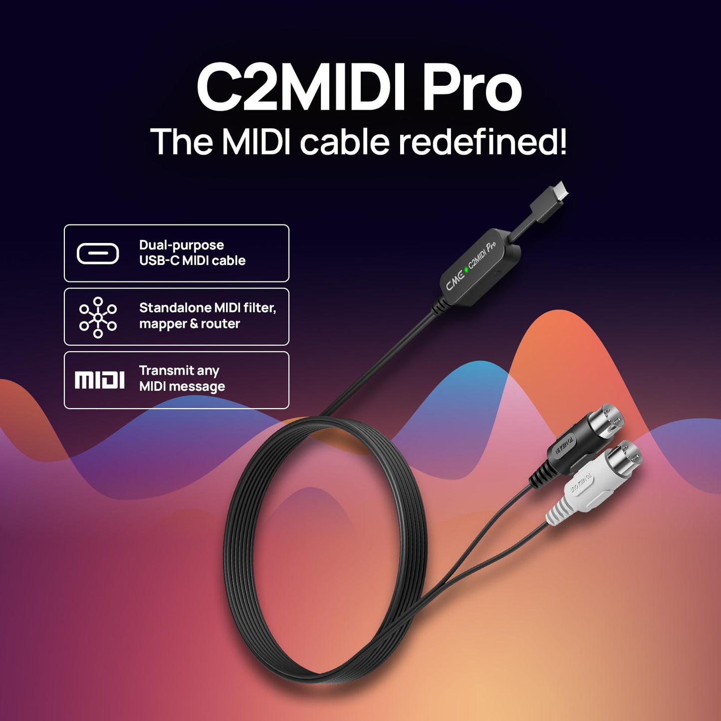 CME C2MIDI Pro - Dual-Purpose USB-C MIDI Cable with Filter, Mapper & Router - Plug & Play USB-to-MIDI Interface - Smart Standalone MIDI Cable with 32-Bit Processor