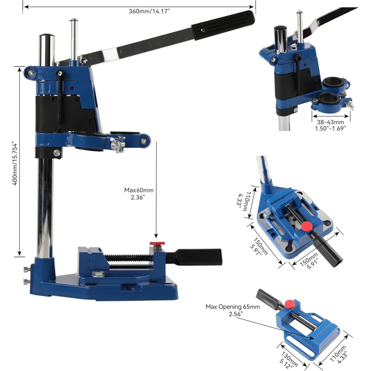 TEXALAN Drill Press Rotary Tool Workstation Stand with Wrench- 220-01- Mini Portable Drill Press- Tool Holder- 2 inch Drill Depth- Ideal for Drilling Perpendicular and Angled Holes- Table Top Drill