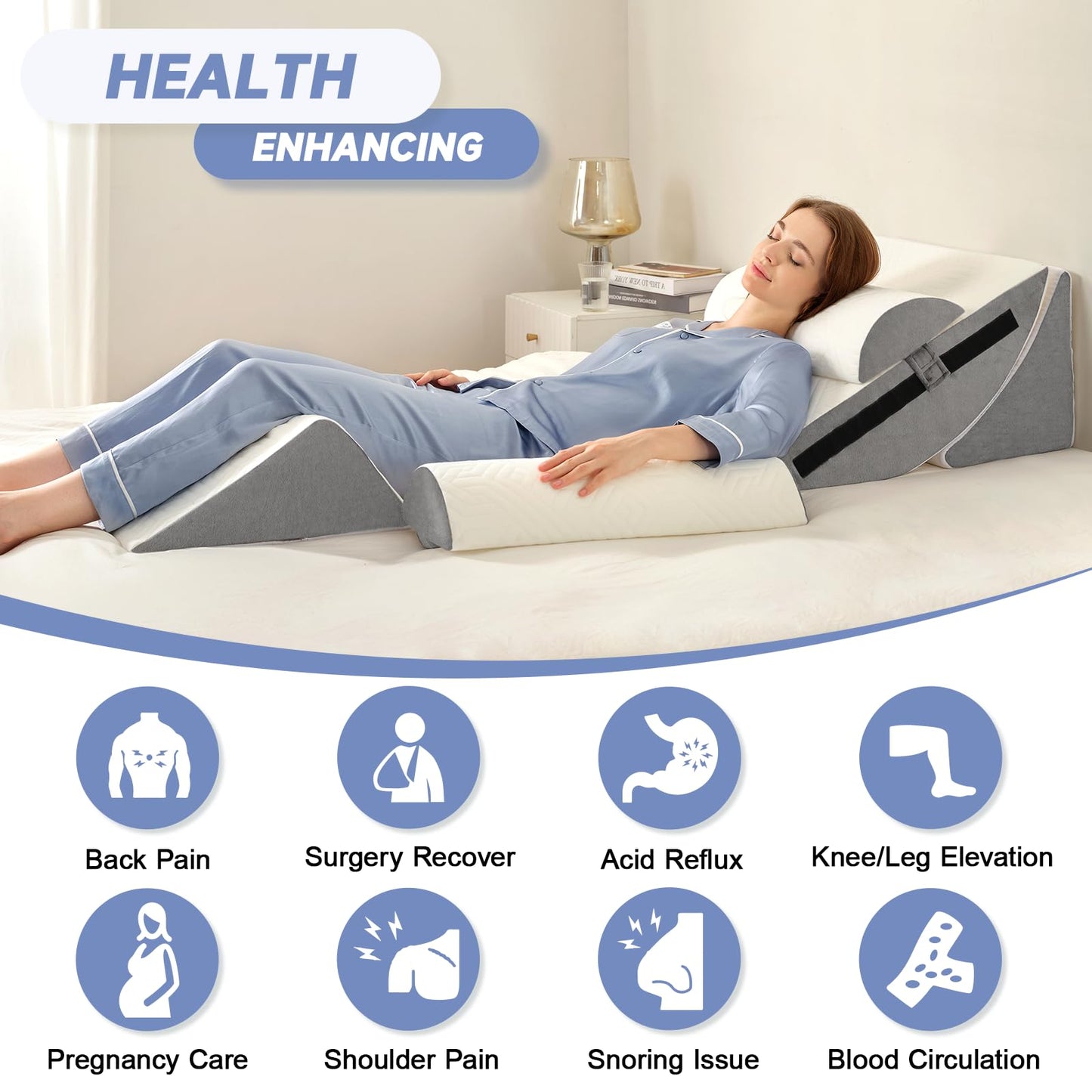 6pcs Orthopedic Bed Wedge Pillow Set for Sleeping, Post Surgery Foam for Body, Back and Leg Pain Relief Comfortable & Adjustable Support Pillows-Anti Snoring, Heartburn, Acid Reflux & GERD Sleeping