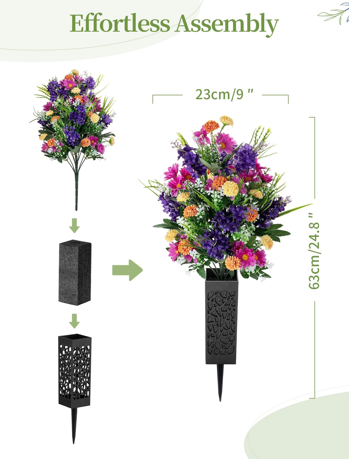 Memobloom Artificial Cemetery Flowers for Grave: Memorial Day Flowers for Cemetery - Outdoor Grave Decorations - 2 Pcs Purple Violet Mums Bouquets with Vases