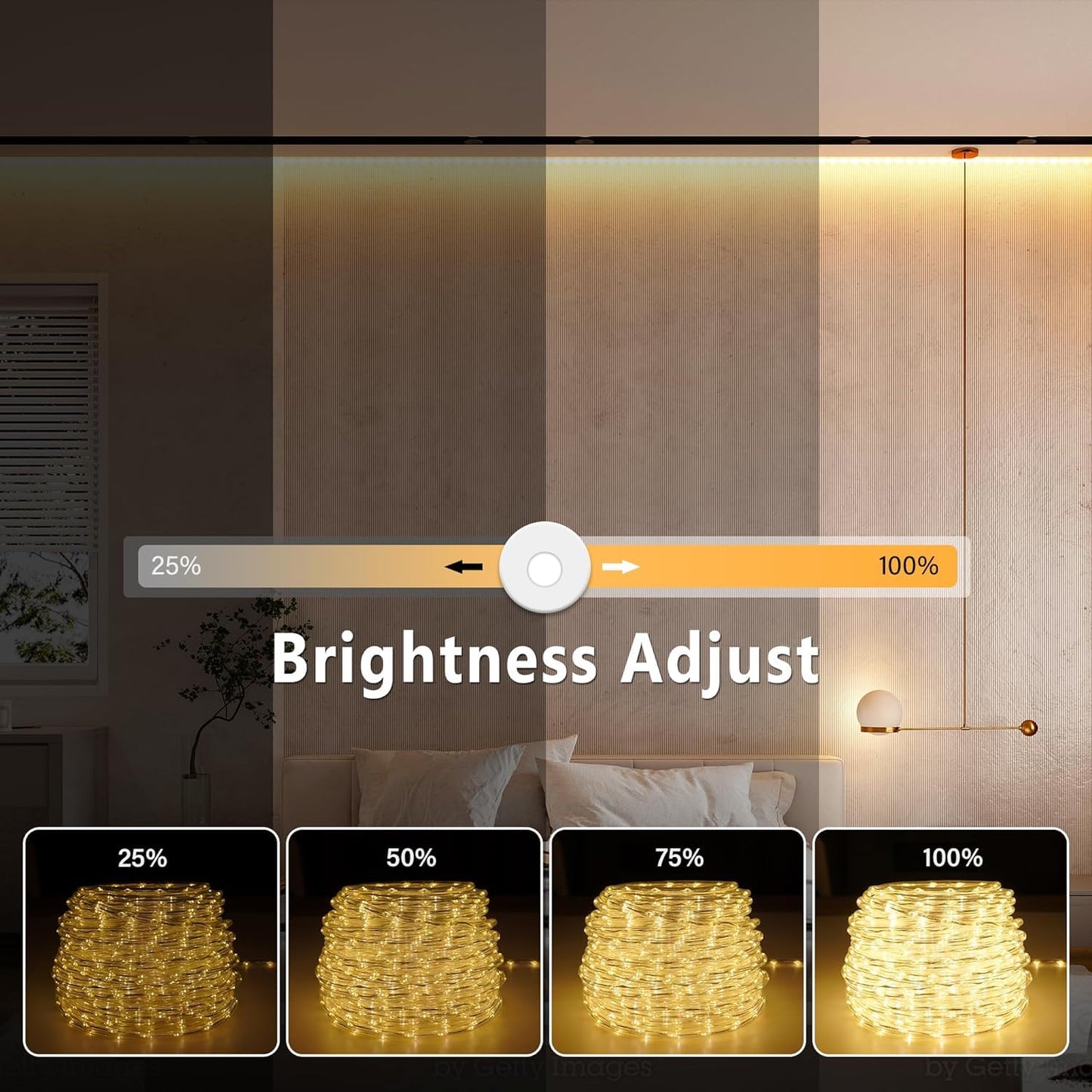 50ft 600 LED Rope Lights Outdoor, 0.21 Inch Diameter, Connectable Warm White Strip Lights Plug in, String Lights Waterproof Decorative Rope Lighting for Deck Patio Backyard Garden Camping Room Indoor