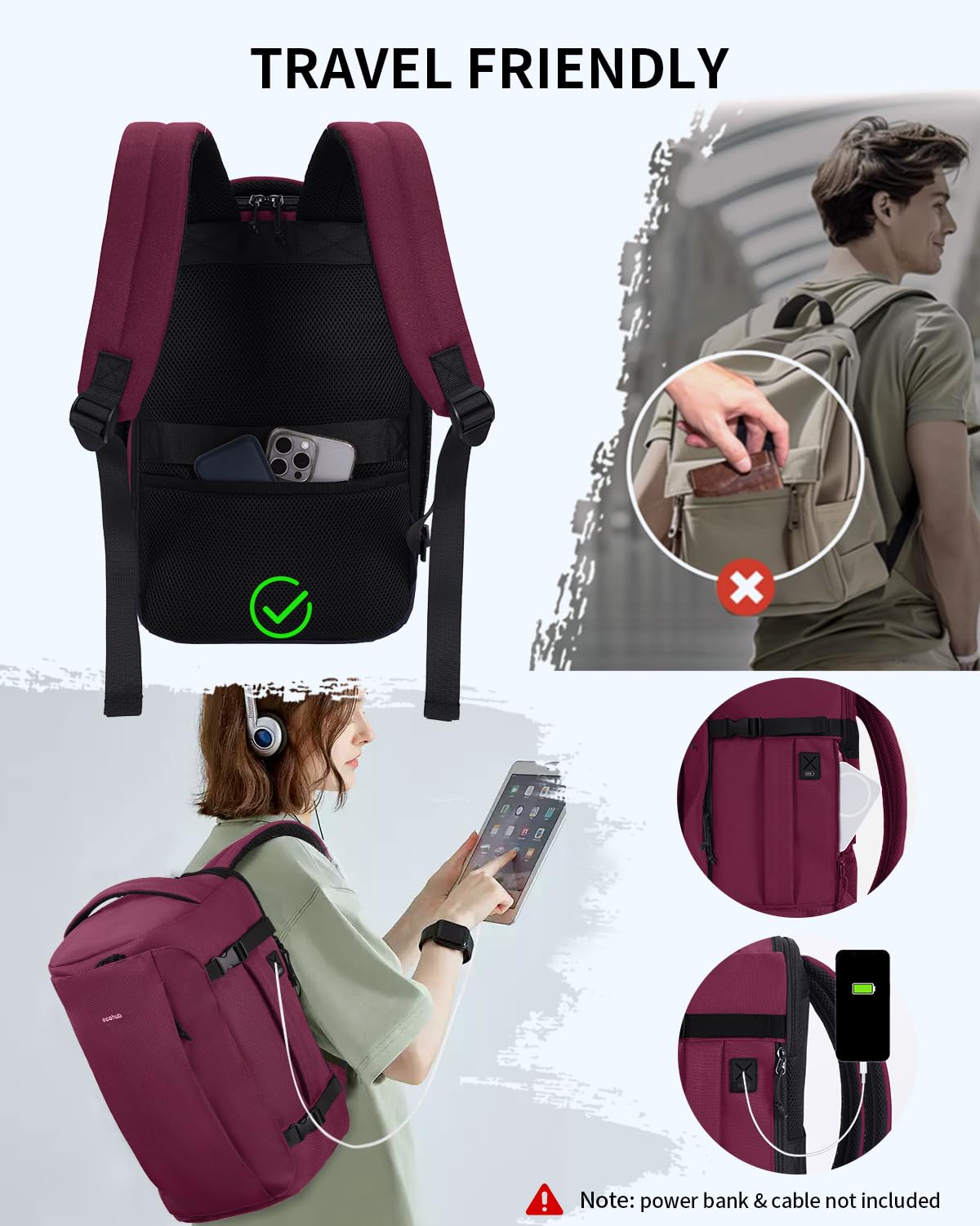 ECOHUB Travel Backpack for Women Men Fits 17.3" Laptop Airlines Approved UnderSeat Carry On Travel Luggage Bag with Charging Port Water Resistant 11 Pockets Business Work, Red