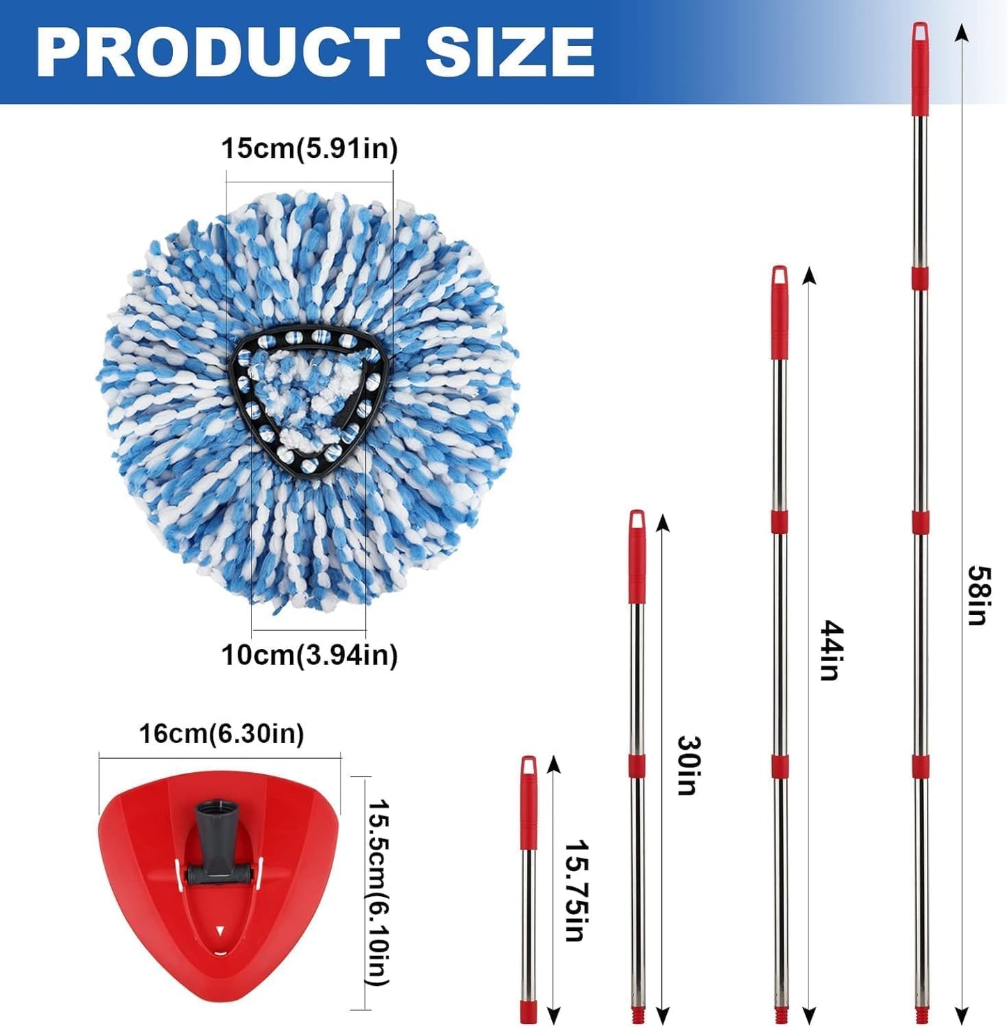 RinseClean Spin Mop Head Refill for Vileda EasyWring 2-Tanks System - Rotating Microfiber Triangle Replacement Pads Washable & Reusable fit All Floor - 6 Cloth 1 Mop Base 1 Handle 2 Brush