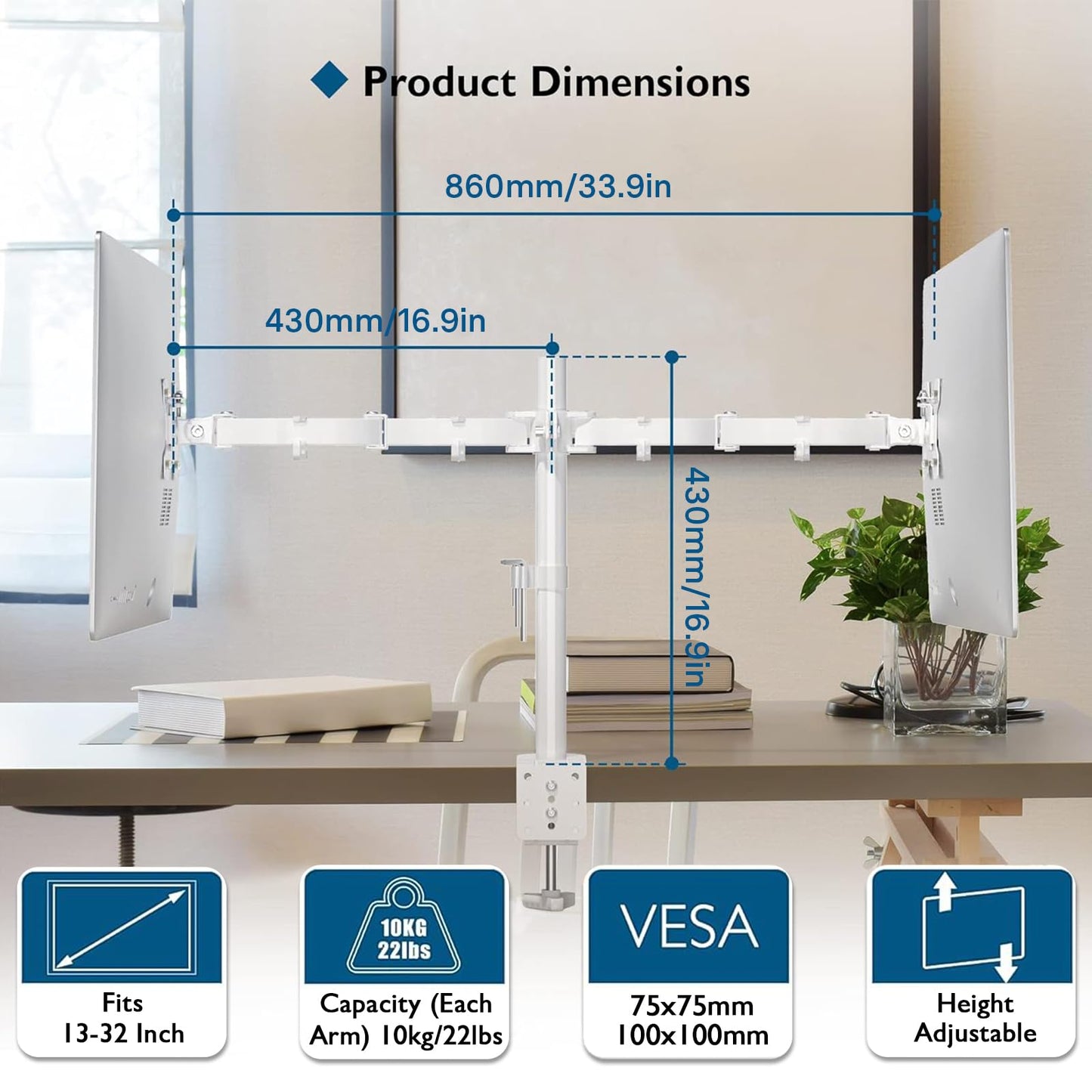 BONTEC Dual Monitor Mount for 13-27" LCD LED PC Screens, VESA 75/100, Height Adjustable, 90° Tilt, 180° Swivel, 360° Rotation, Ergonomic Desk Stand, Dual Monitor Arm Bracket, Cable Management, White