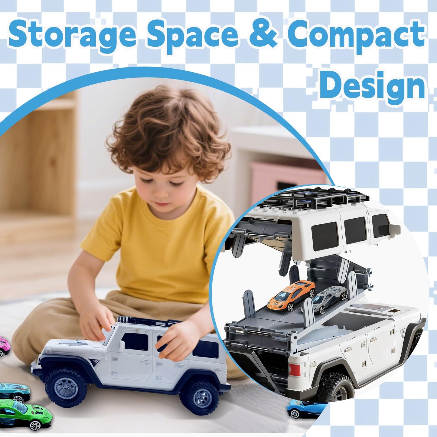 Bearbao Toddler Truck Toys for 3-8 Years Old Boys, Foldable 2 Layer Carrier Truck Transport Car Toys with 6 Metal Race Car with Light & Sounds, Toddler Car Toy Set Gifts for Boys Girls