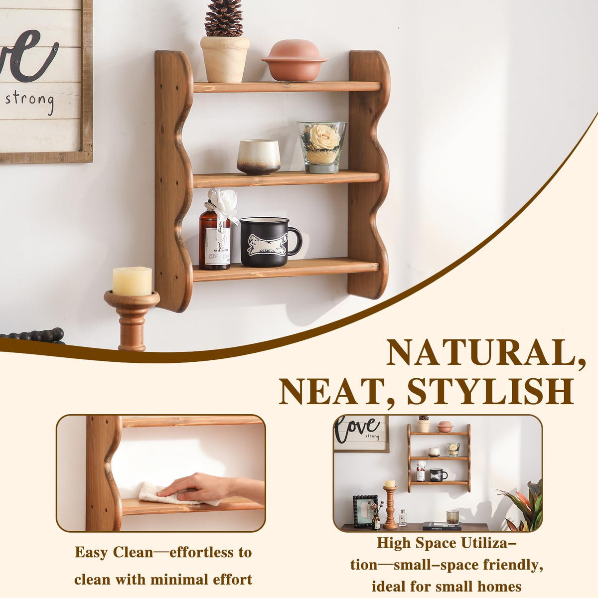 HuiDao 3-Tier Solid Wood Wall Shelf, Rustic Floating Shelves Wall Mounted Storage Rack, Hanging Shelf Display Shelves for Apartment, Living Room and Bedroom