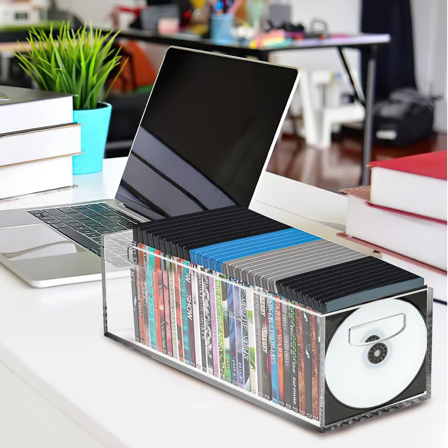 Frcctre 2 Pack Acrylic DVD/CD Storage Box, Clear DVD Holder Case with Handles Holds 27 pcs, Stackable Storage Container Shelf Organizer Bin for CDs, Video Games, Blu-ray, Books, Home, Office
