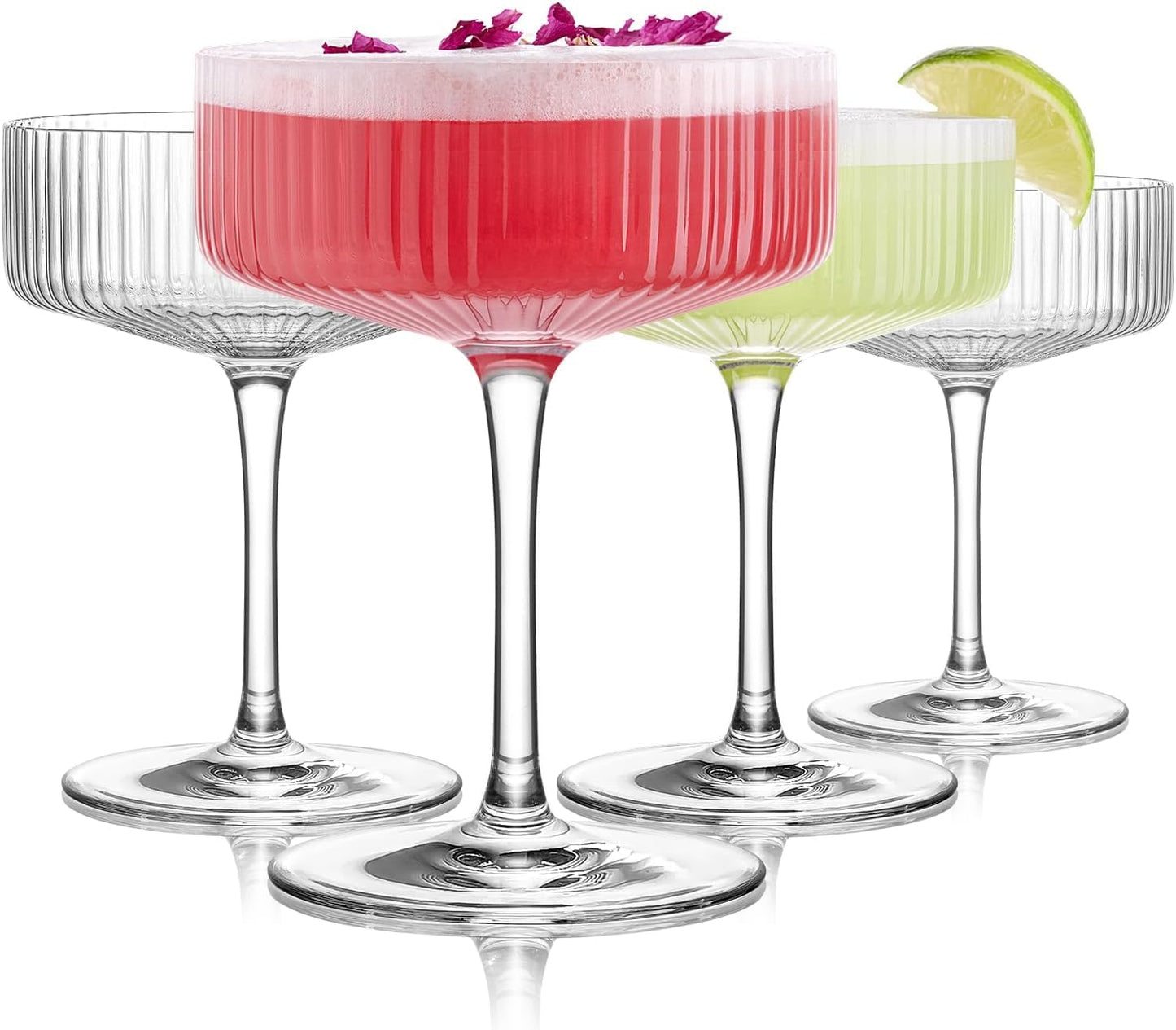 Rarapop 12 Pack Acrylic Champagne Tower Glasses for Wedding Birthday Party Bar, 10oz Plastic Ribbed Coupe Martini Glass Disposable, Unique Margarita Cups Drinking Glasses Set for Cocktail, Wine
