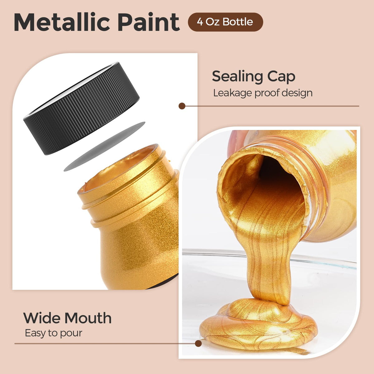 Nicpro Acrylic Paint Metallic, 6 Colors Gold, Silver, Copper, Brass, Bronze, DeepGold, 24oz/720ml Gold Leaf Paint, Non Toxic, Non Fading Paints for Art Painting, Handcrafts, Ideal for Multi-surface