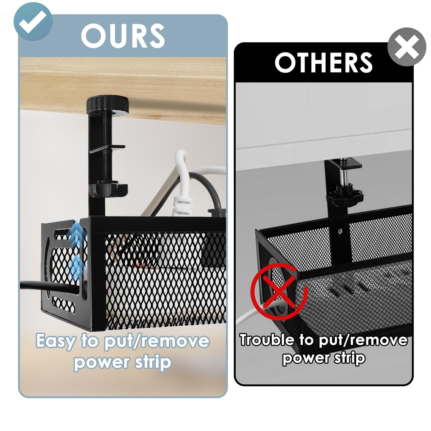 Cable Management, 64CM Cable Management Under Desk No Drill, Metal Cord Organizer with Clamp for Standing Desk, Cable Organizer for Home Office, Black