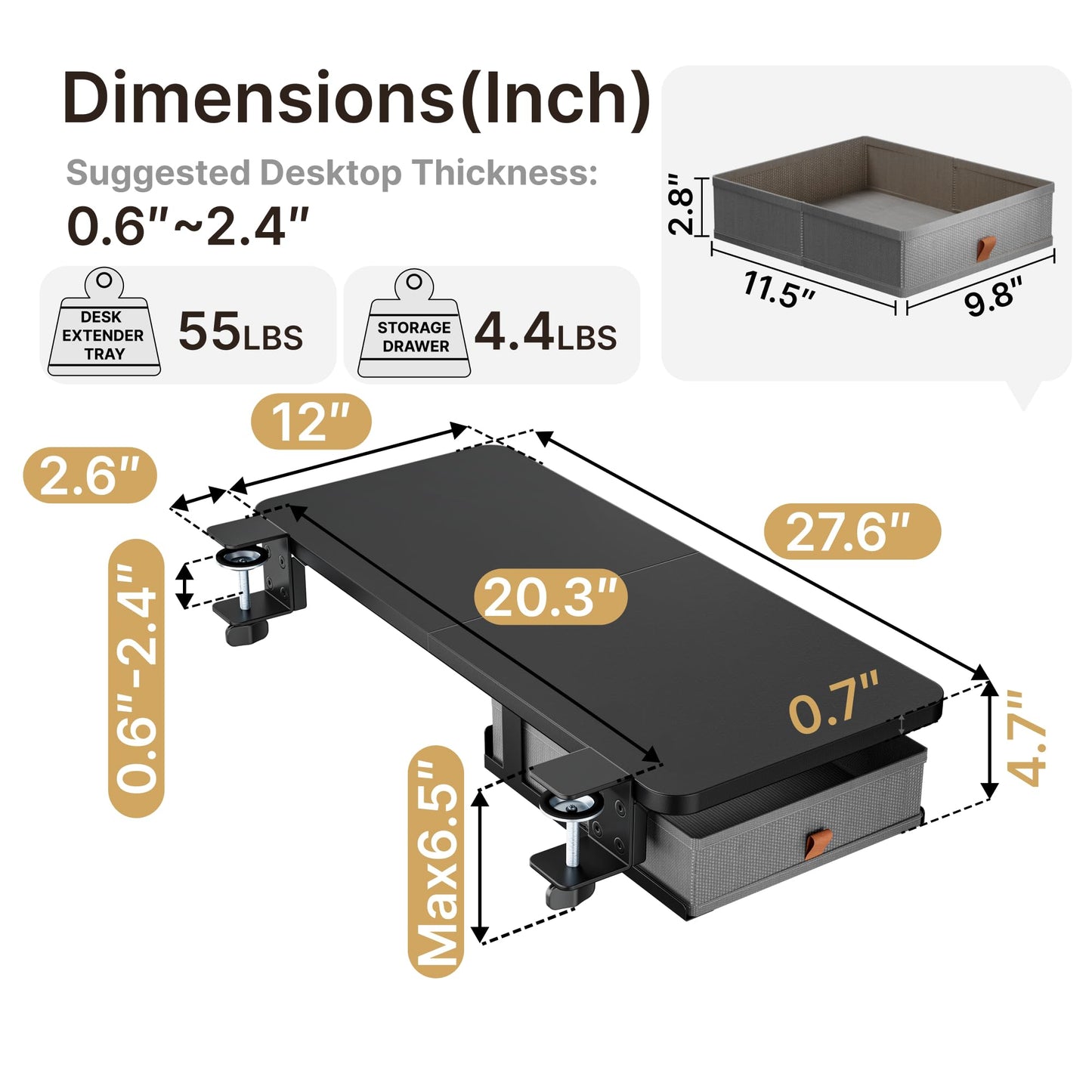 PEGZONE Desk Extender Tray, 28" x 12" Clamp On Desk Shelf, Desk Extension with Storage Drawer, Table Desk Arm Rest, Clamp On Keyboard Tray for Office and Home, Workstation Organizer, Large, Black