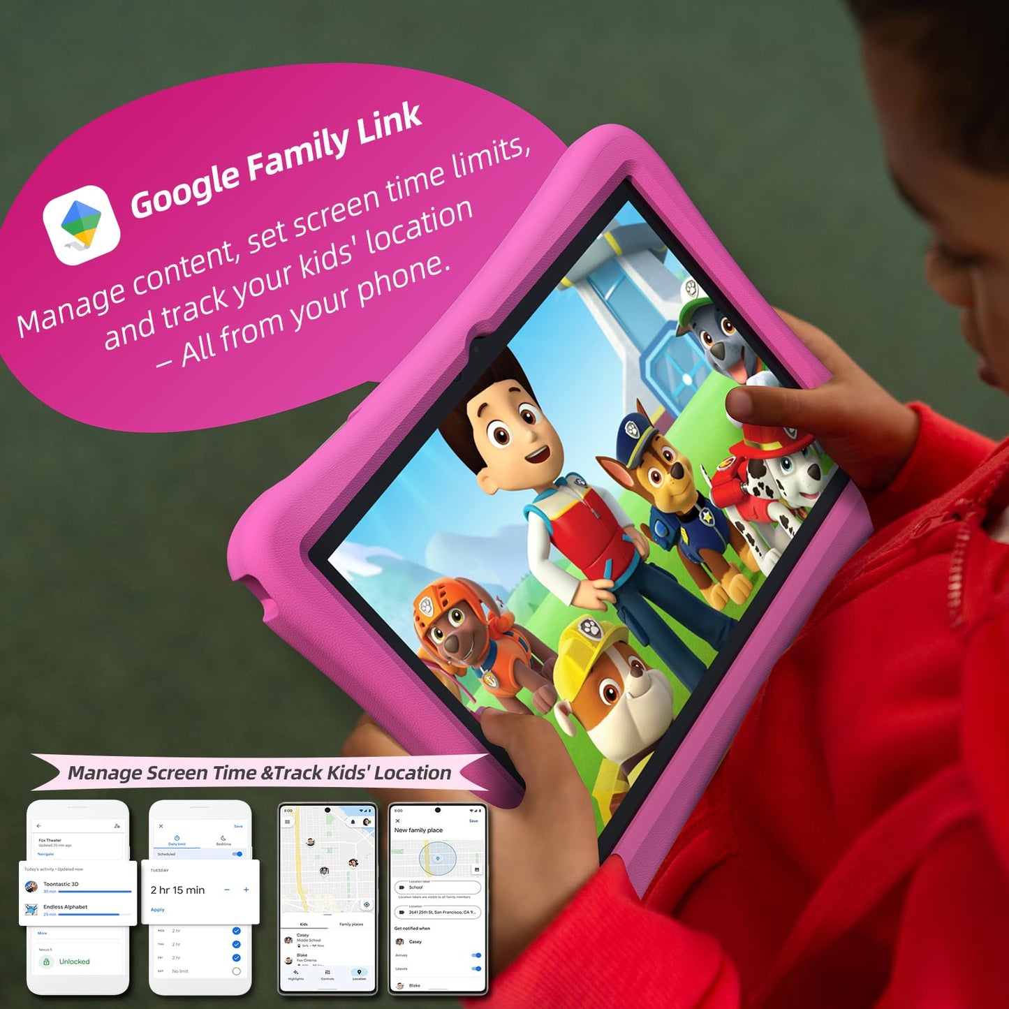 2025 Upgraded Kids Tablet, 10 Inch Android 15 Tablet for Kids with EVA Shockproof, 8-Core, 12(4+8) GB RAM 64GB Storage, Kids Space, Parental Control, WiFi, BT, Plimpton Kids20 (Pink)