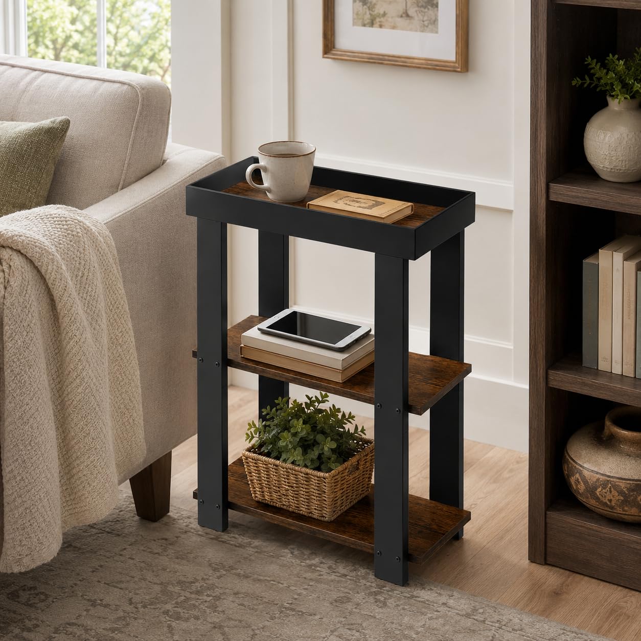 ZEXVIDA Narrow Side Table, 3-Tier Side Table, Rustic Farmhouse Narrow End Table with Storage, Slim Table Nightstand for Small Spaces, Bedroom or Living Room (Rustic Brown)