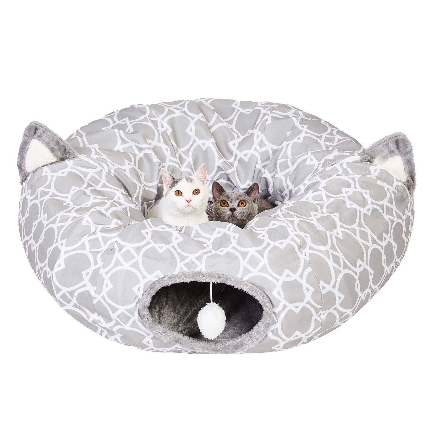 Cat Dog Tunnel Bed with Cushion Tube Toys Oxford Cloth Large Diameter Longer Crinkle Collapsible 3 Way for Cats Kittens Kitty Puppy Outdoor 6FT (Grey-White)