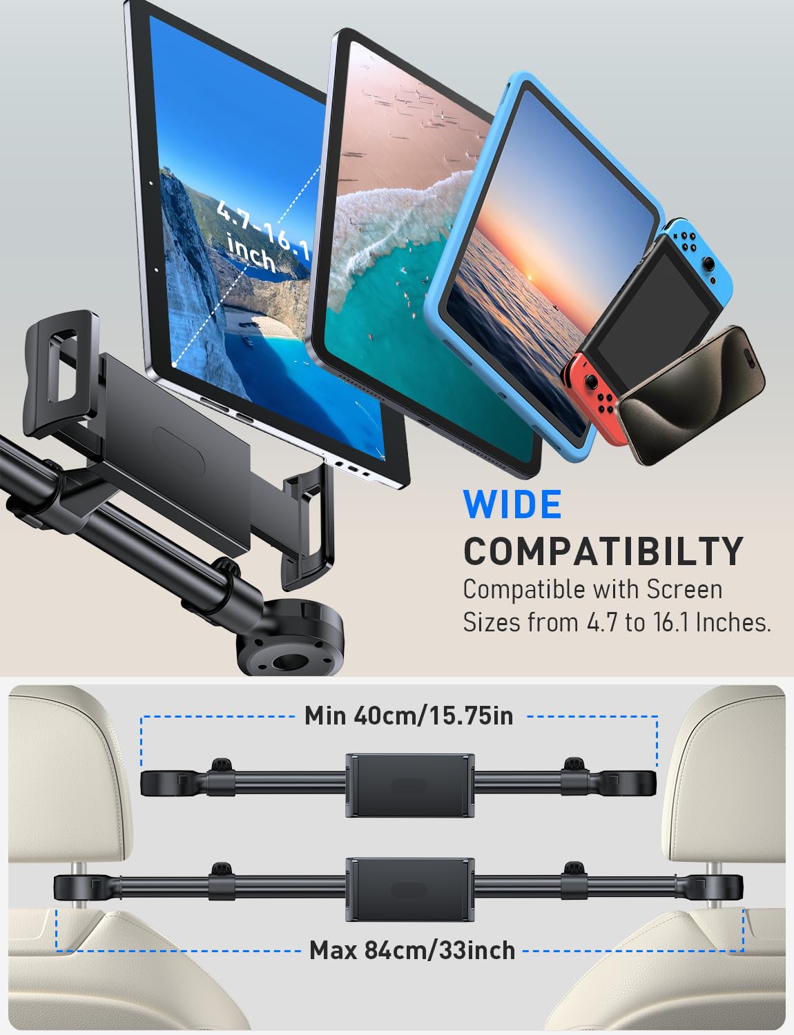 Car Headrest Tablet Holder for iPad: [Front & Rear Flip Mount] Adjustable Back Seat Tablet TV Portable Monitor Holder, Car Road Trip Essentials for Kids Compatible with 4.7-16.1" Devices