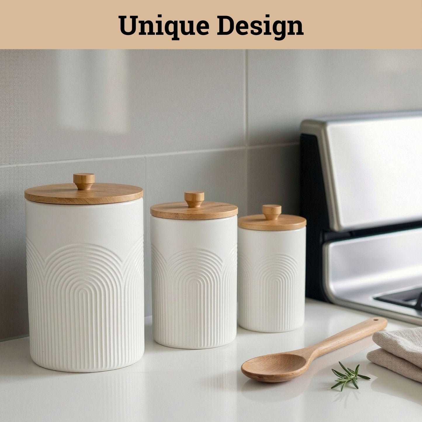 Ceramic Kitchen Canisters for Countertop Set of 3 with Airtight Bamboo Lids - White Kitchen Canisters with Airtight Lids - Flour Sugar Canister Set - Flour and Sugar Containers Farmhouse - Coffee Jar