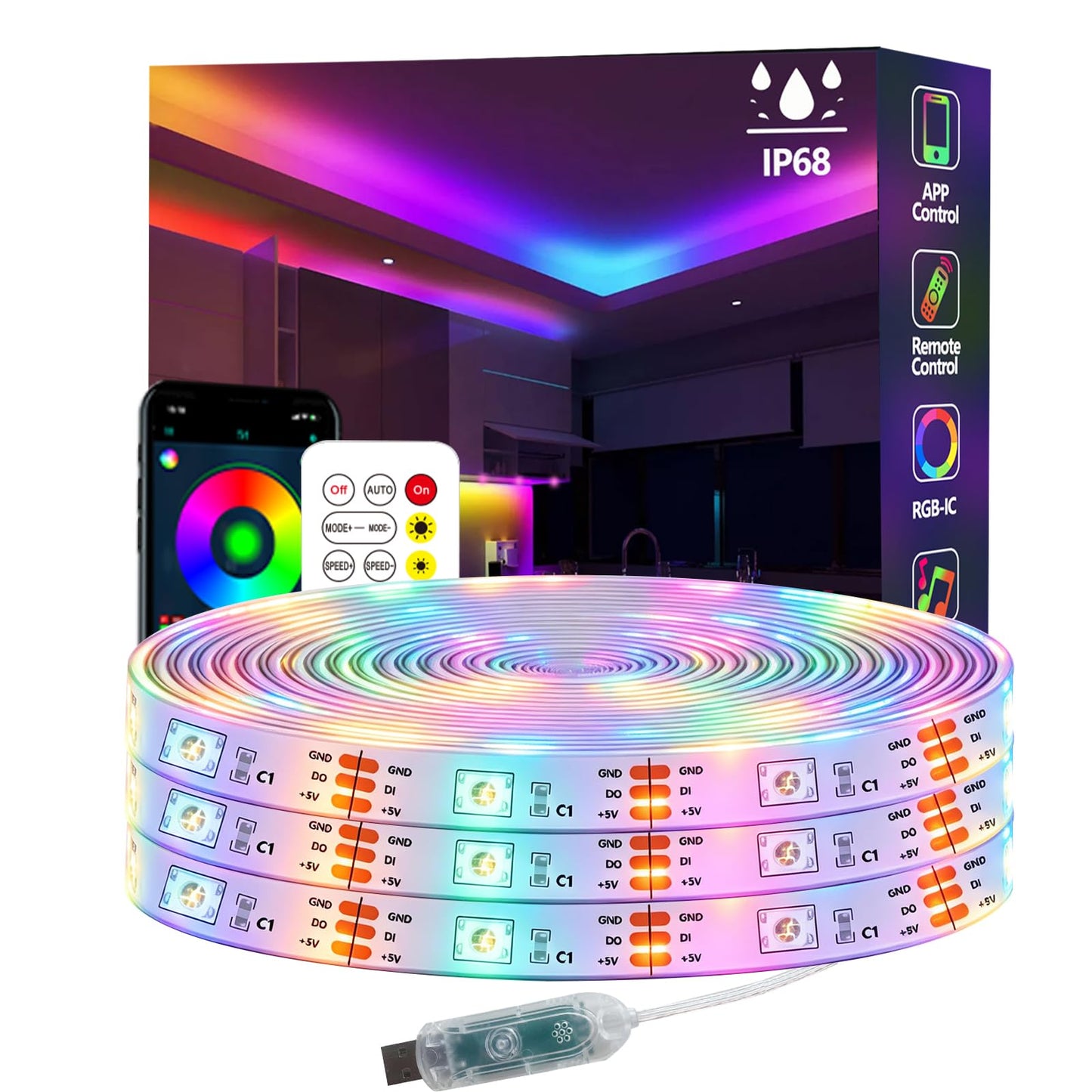 httpsmp 50FT Ws2812 RGB+IC LED Strip Lights IP68 Outdoor Waterproof, 5V USB Powered, Music Sync Bluetooth APP/RF Remote Control Lights for Balcony,Deck,Camping,Garden,Bedroom Decor