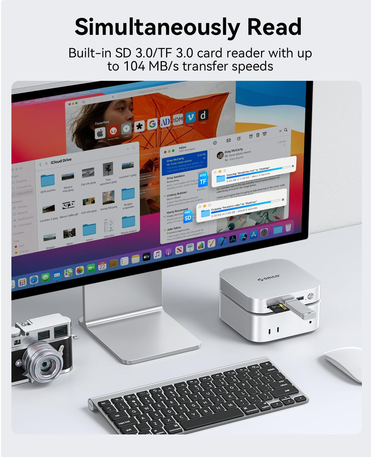 ORICO MiniLink USB Hub Compatibility with Mac Mini M4, 9-in-1 Aluminum Dock with SSD Enclosure for NVME/SATA M.2, USB A 10Gbps, 3.0 SD/TF Card Readers, 3.5mm Audio Jack