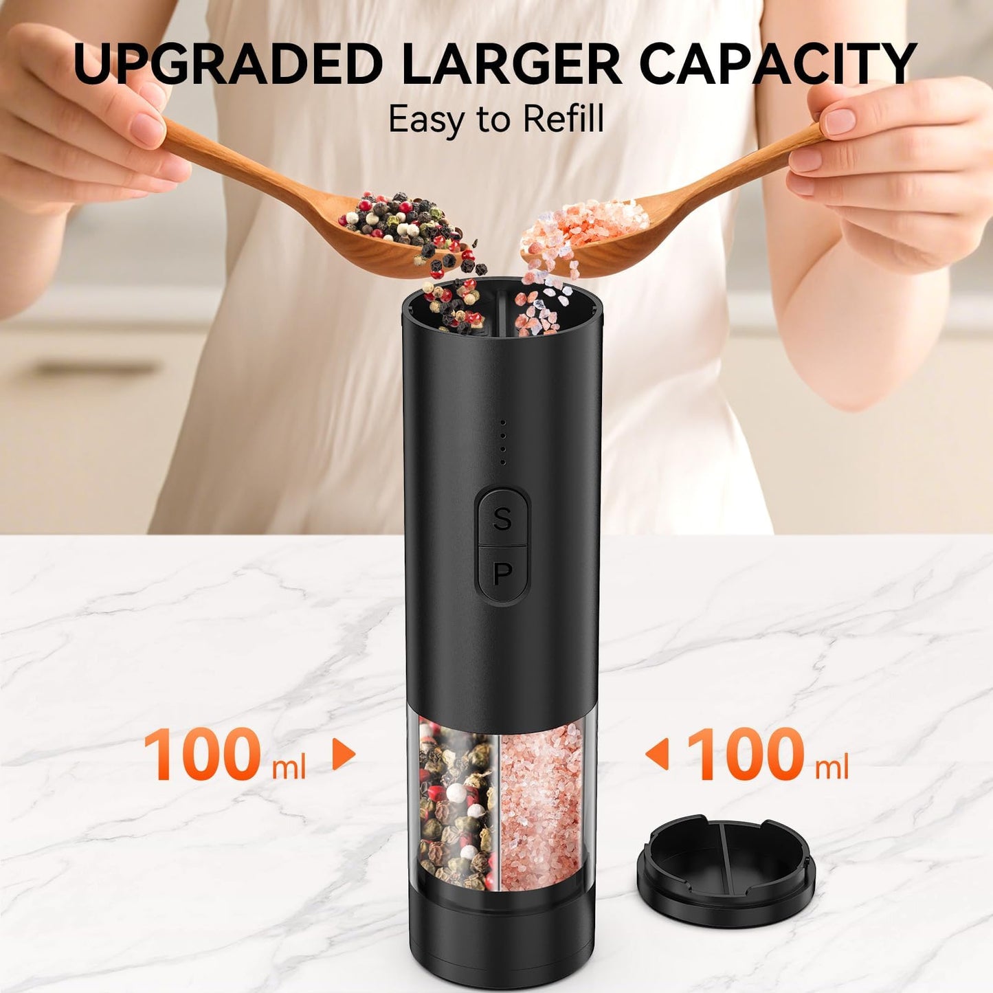 HeatBay 2 in 1 Electric Salt and Pepper Grinder Set, USB Rechargeable, Automatic Salt and Pepper Mill Shakers with Battery Display, LED Light, Adjustable Coarseness(Black)