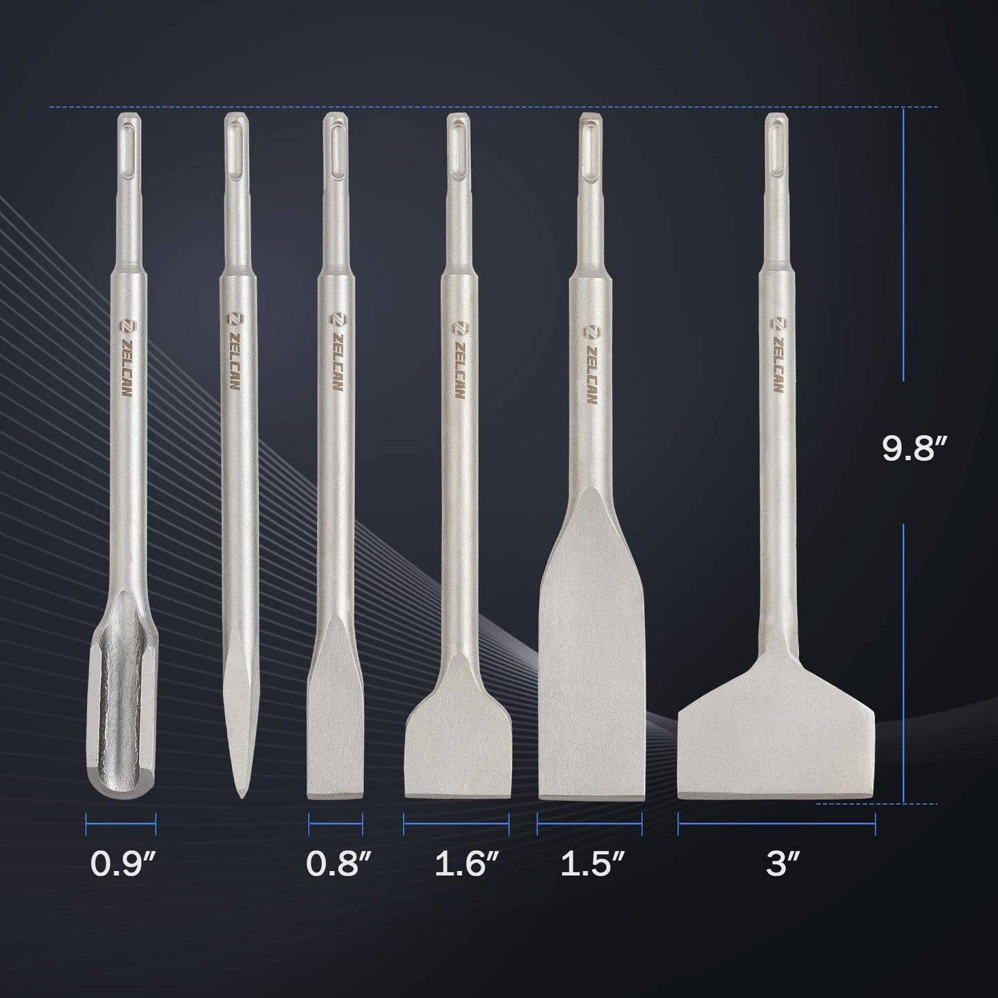ZELCAN 6-Piece Chisel Set for SDS Plus Bits Tile Grooving Scraping Flat Point Scaling Chisels Hammer Drill Tool for Tile Masonry Concrete Brick Stone Work 40Cr Steel Drill Bit Set w SDS Plus Shanks