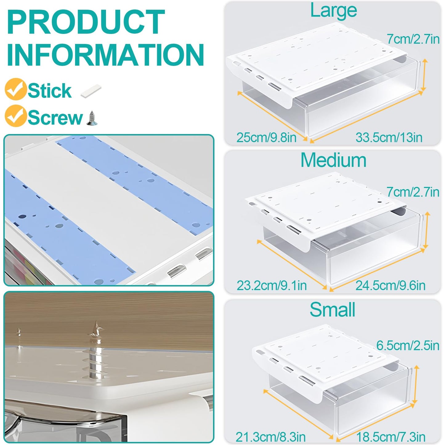 SVNNELP Under Desk Table Drawer Storage Organizer,3 Pack Large & Medium & Small Slide Out Desk Drawers - Hidden Desktop Organizer,Attachable Pencil Storage Tray Under Table(Clear White),S+M+L
