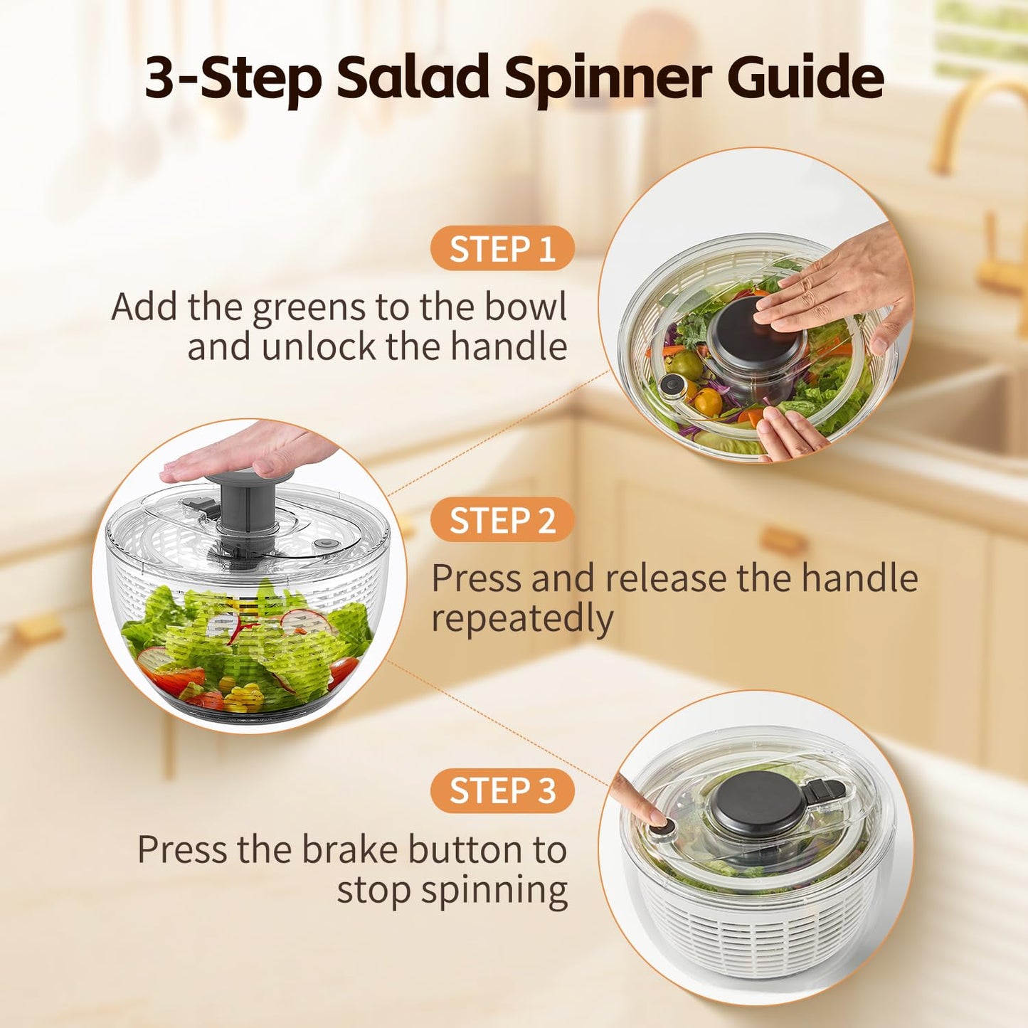 3.6L Salad Spinner, Vegetable Fruit Spinner – Compact Push & Spin Cleaner and Dryer with One-Button Stop, Clear Space-Saving Design for Greens, Herbs, Vegetables