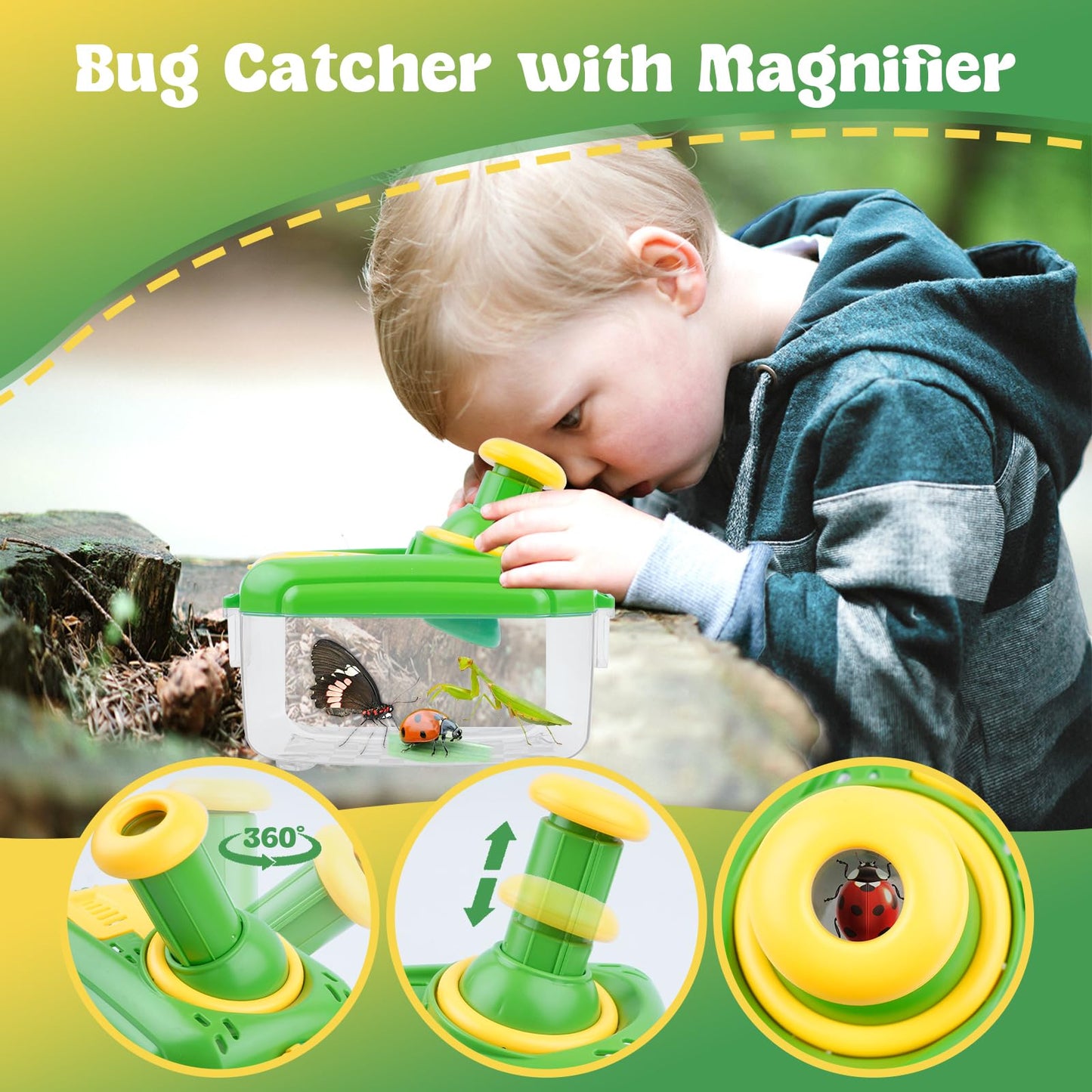 JYNTERPLAY 2 Pack Bug Catcher for Kids Insect Catching Kit 360° Rotating Viewing Angle with Butterfly Net Tweezer Magnifying Glass Clamp Outdoor Explorer Activities for Age 3-5 5-8 8-12