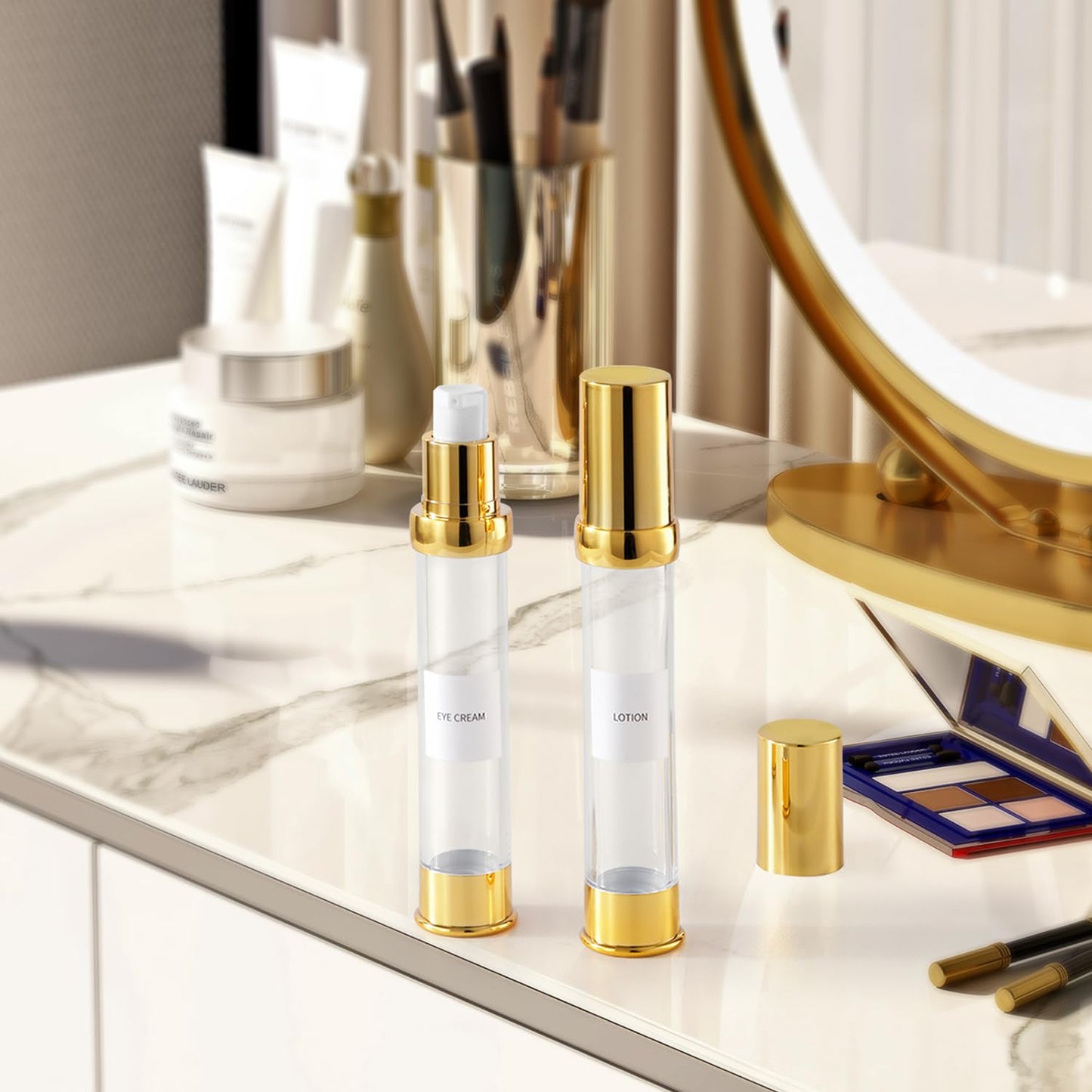 Golden Airless Pump Bottle Travel Set with Box - Refillable Empty Cosmetic Bottles for Liquids Such as Hand Soap, Toner, Foundation, Hair Oil, Lotion and Cream, Golden, 30 ML, Casual