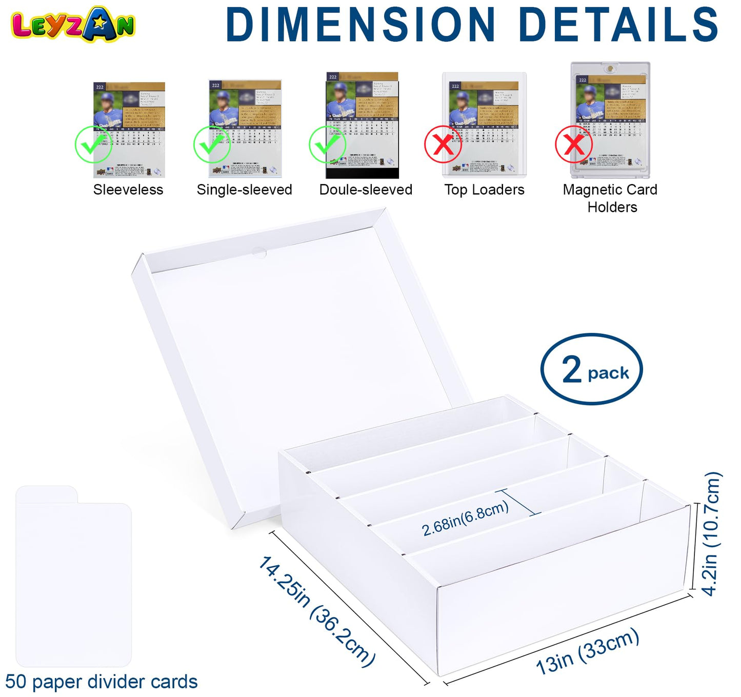 5 Row Trading Card Storage Box, 2 Pack Cardboard Storage Box with Divider for Mtg, Tcg, Sports Cards