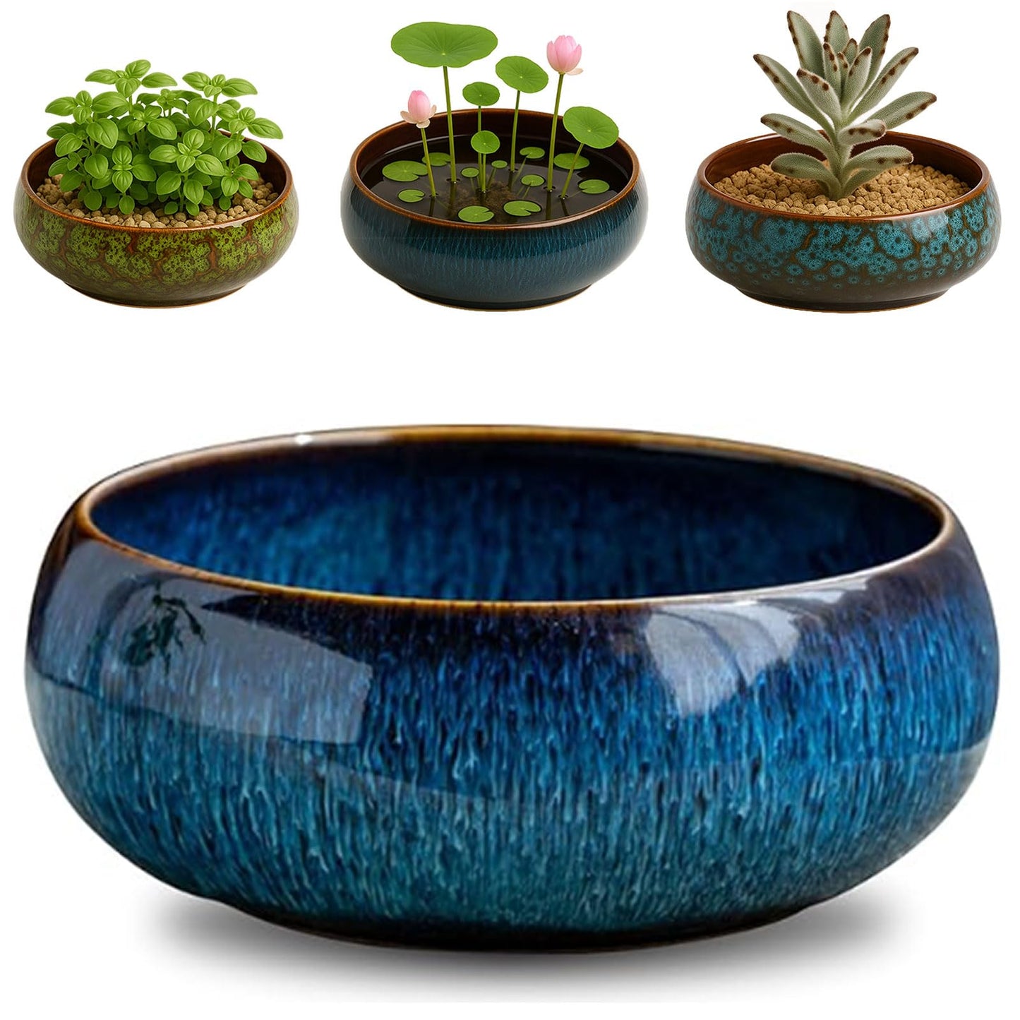 Lotus Bowl Planter – Ceramic Water Plant Pot Sacred Bonsai Bowl Lotus Flower, Shallow Glazed Vase for Seeds, Bonsai, Succulents, Hydroponic Plants (Blue)