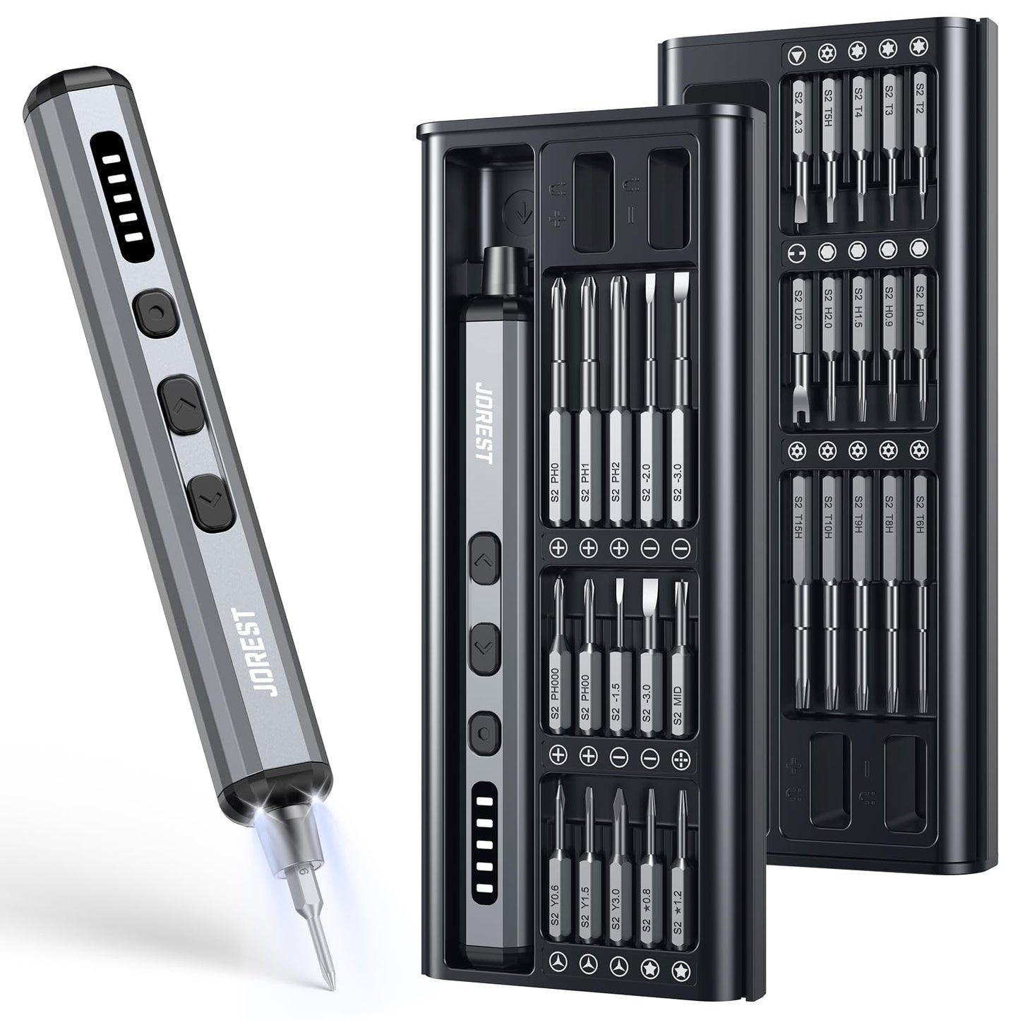 JOREST Mini Electric Screwdriver, Precision Set with 38-in-1 Magnetic Bits, 5 Torque Settings, LED Light, Repair Tool Kit for iPhones, Laptop, Drone, Game Console, Camera, Glasses, Watches, Toys