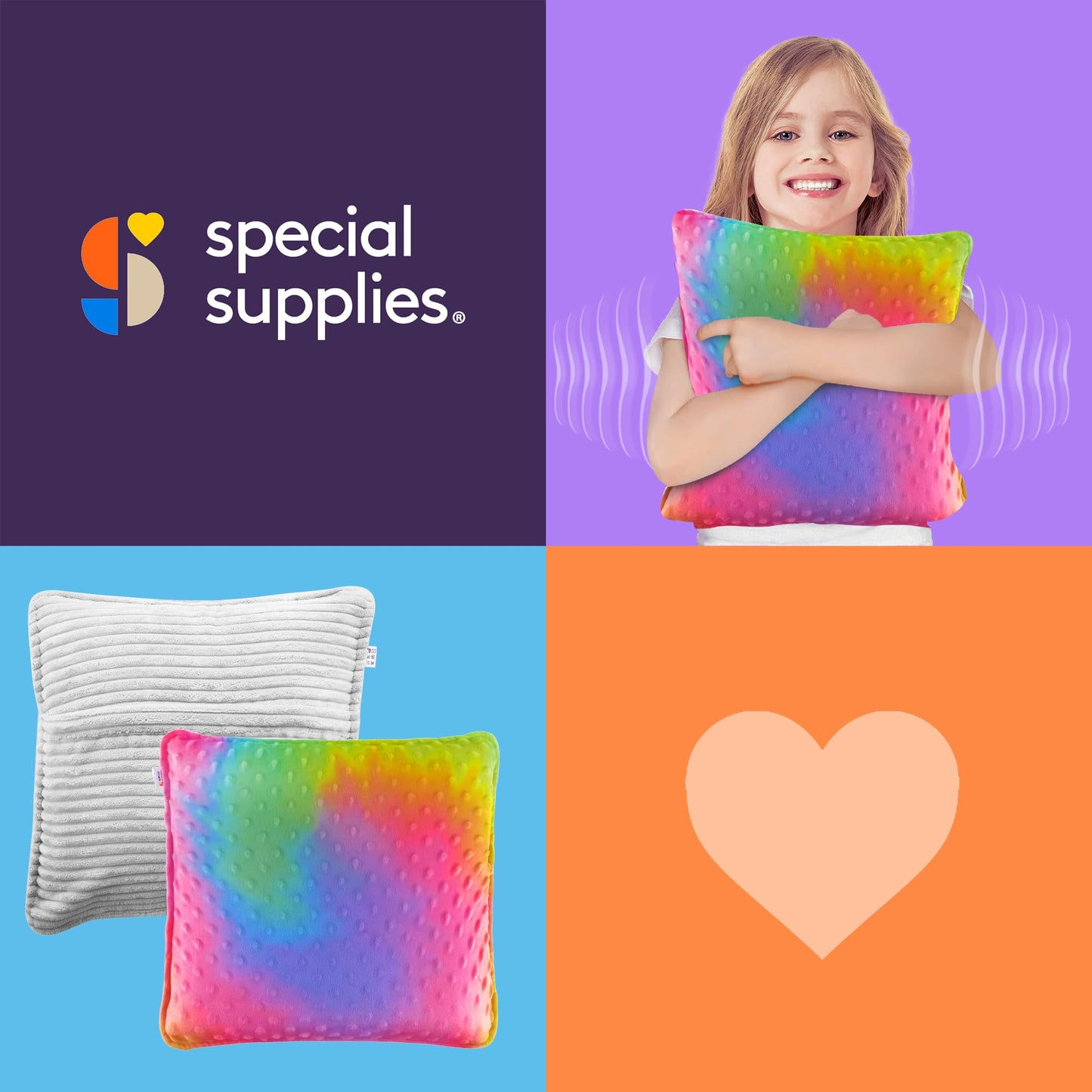 Special Supplies Vibrating Pillow Sensory Pressure Activated for Kids and Adults, 12” x 12” Plush Minky Soft Cover, Colorful - Hug to Vibrate