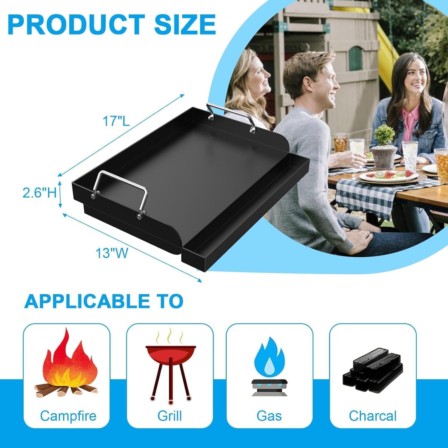 17" x 13" Nonstick Grill Griddle for Most Gas Grills, Universal Flat Top Griddle for Charcoal/Gas Stove, Cooking Griddle Plate with Removable Handles & Grease Groove for Camping,Tailgating,Parties