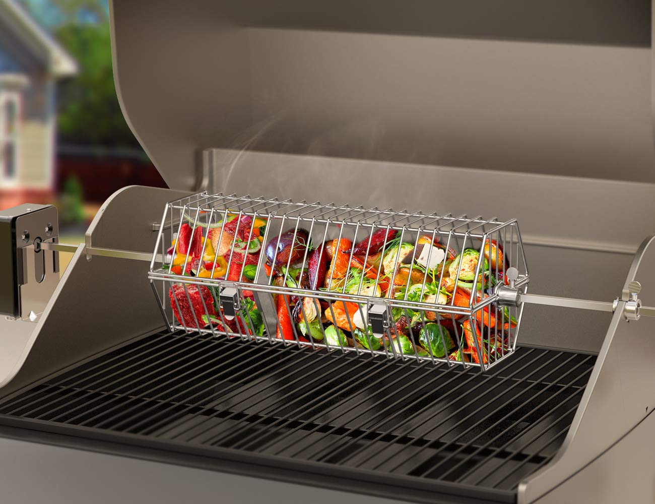 Onlyfire 17-inch Stainless Steel Round Tumble Rotisserie Spit Rod Basket Fits Any Grill