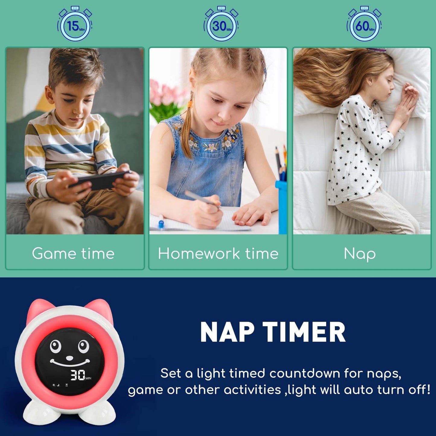 I·CODE Time to Wake Kids Alarm Clock,Toddler Sleep Training Clock with Night Light & Nap Timer,Gift for 2-10 Years Old Children Boys Girls