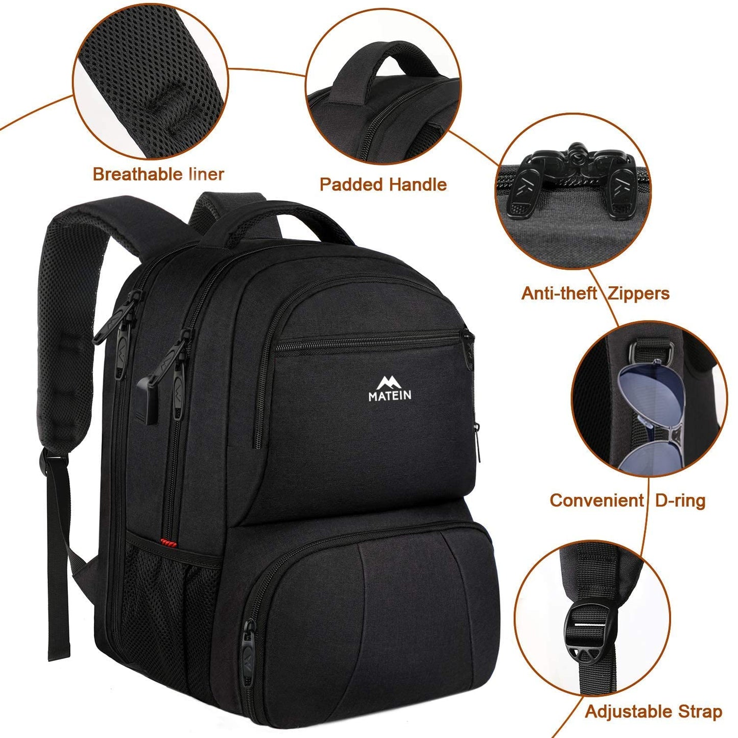 MATEIN Lunch Backpack for Men, 17 Inch Insulated Cooler Backpack Lunch Box Backpack with USB Charging Port, Water Resistant Computer Daypack College Laptop Backpack for Travel Picnic Work, Black