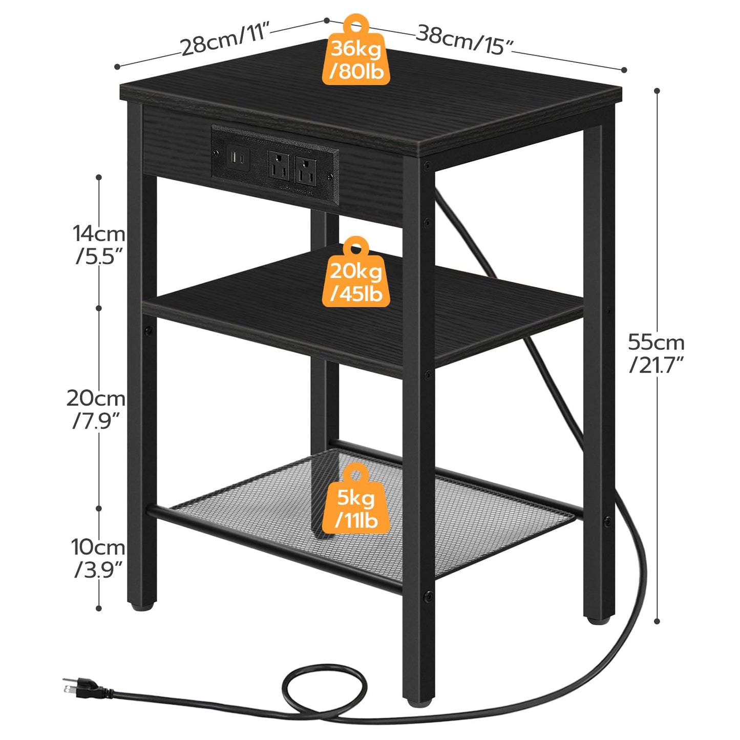 HOOBRO End Table with Charging Station and USB Ports, 3-Tier Nightstand with Adjustable Shelves, Narrow Side Table for Small Space in Living Room, Bedroom and Balcony, Black BB112BZ01