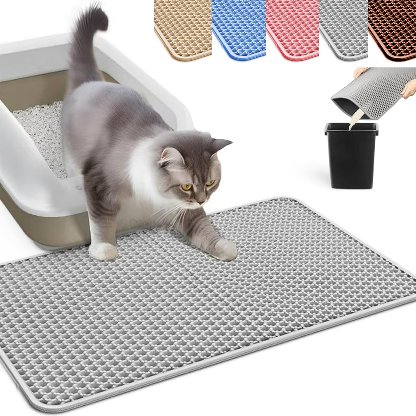 HCY&WLD Cat Litter Mat, Honeycomb Double Layer Cat Litter Trapping Mat, Waterproof Urine Proof Non-Slip, Scatter Control, Less Waste, Easier to Clean (Light Gray, 45" X 26")