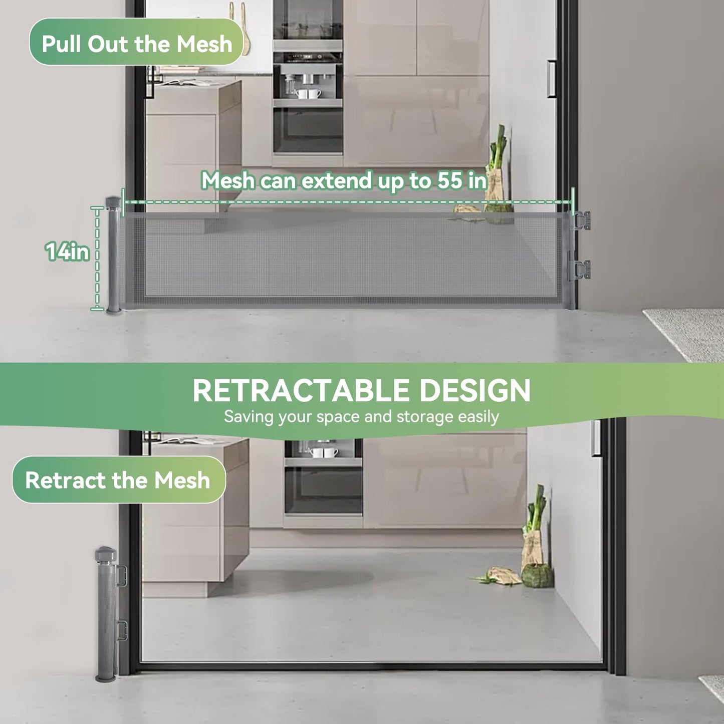 Crazydeer 14" Tall Short Dog Gate to Step Over, Retractable Mesh Pet Door for Small Puppy, Extended up to 55" Wide for Indoor Stairs Doorways and Hallway - Grey