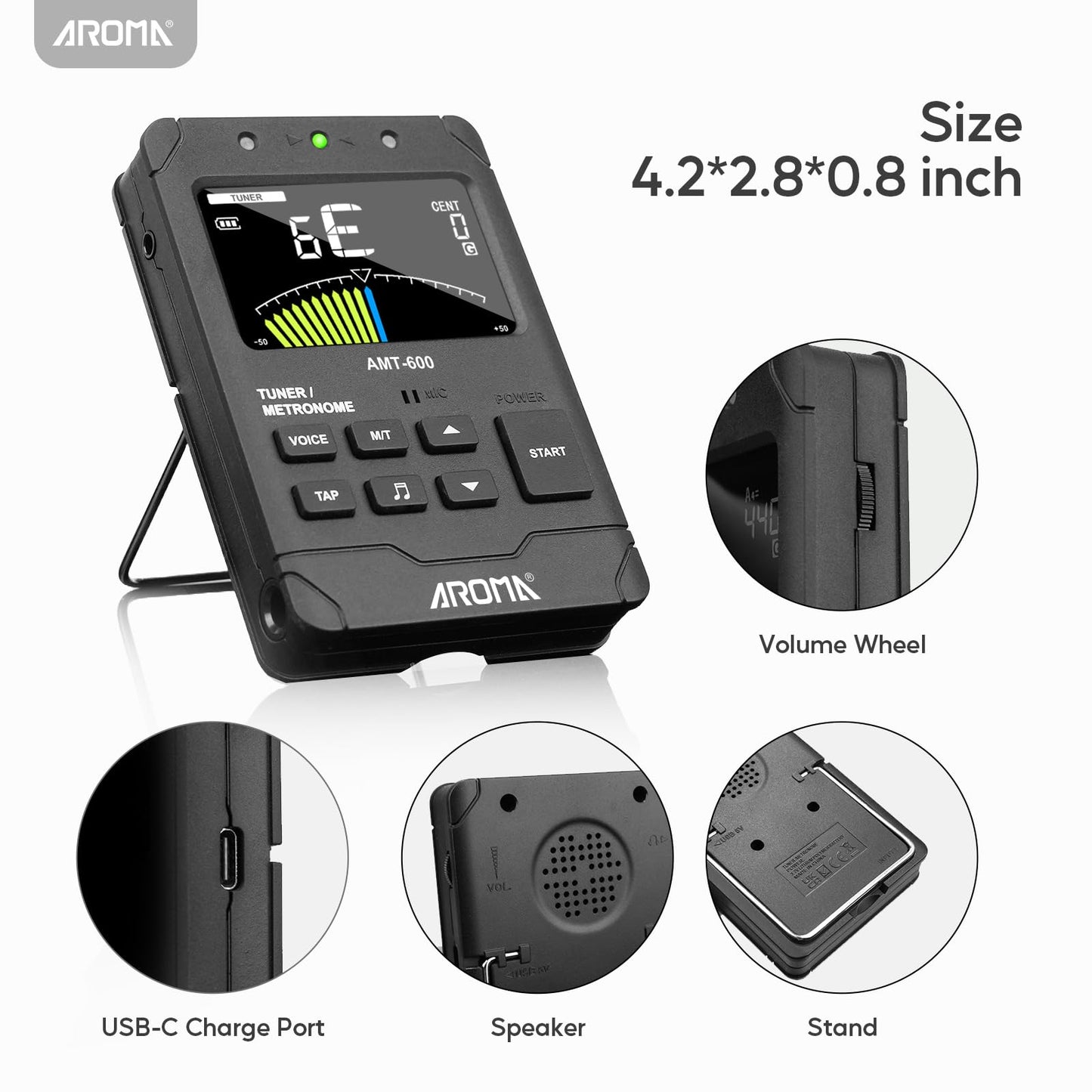 Aroma Digital Metronome Tuner Rechargeable for All Instruments with Guitar Bass Violin Ukulele Chromatic and Wind Instruments Tuning Modes