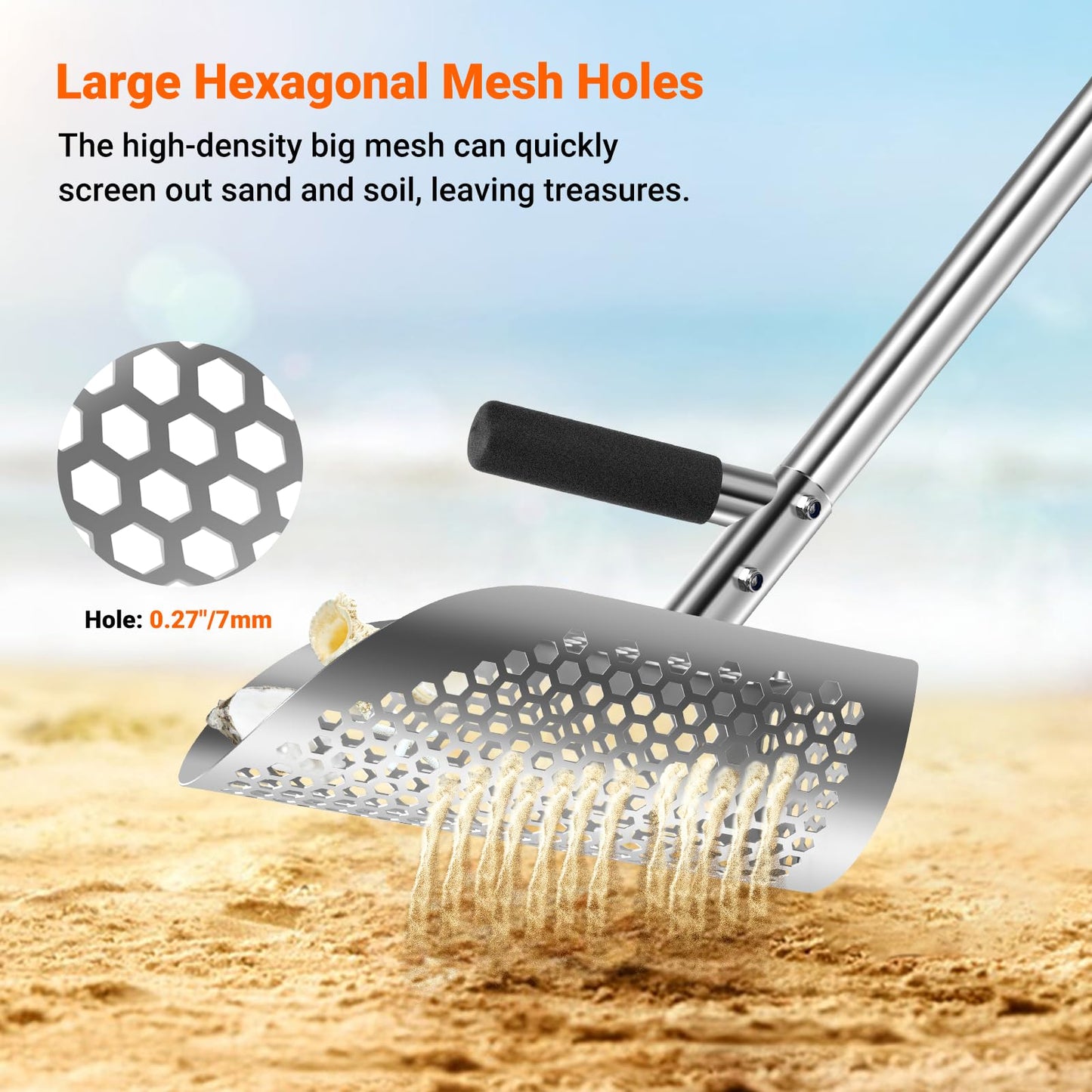 Yaheeda Long Handle Sand Scoop with Shovel for Metal Detecting, Metal Detector at Beach,Heavy Duty Stainless Steel Metal Detecting Tool,Treasure Finds Scoop, Digging Shovel Fast Sifting